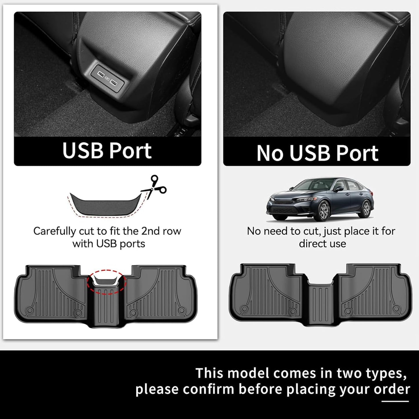 Floor Mats for Honda Civic 2022-2025 (Fits Rear Seats with or Without USB Ports) | for Acura Integra 2023-2025, All Weather Floor Liners Civic Accessories, 1st & 2nd Row, Black