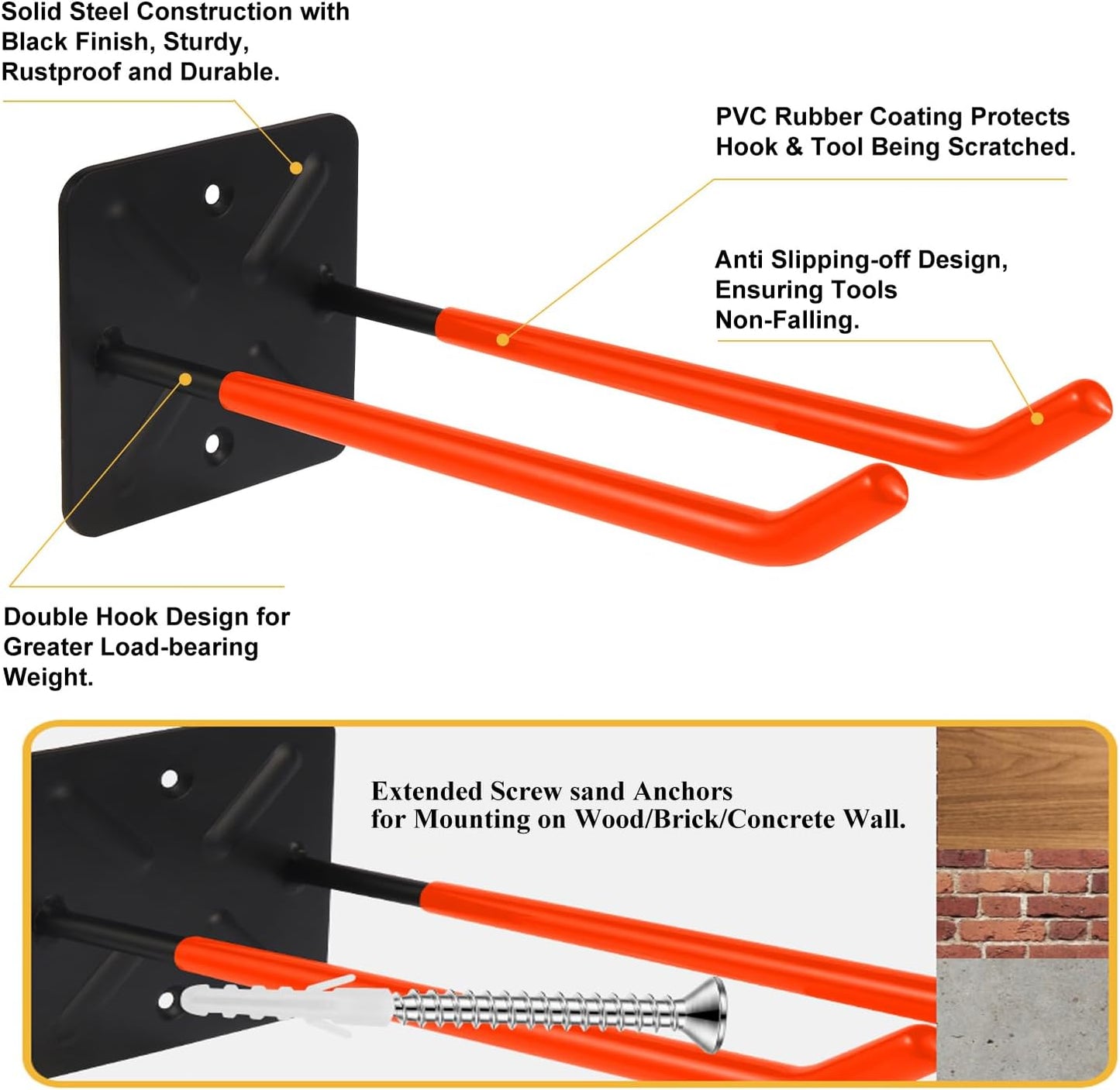 Steel Garage Storage Hooks Wall Tool Organizer, 14 Inch Garage Hook Heavy Duty Utility Storage Hangers Orange for Ladders, Chairs, Garden Tools, Set of 4