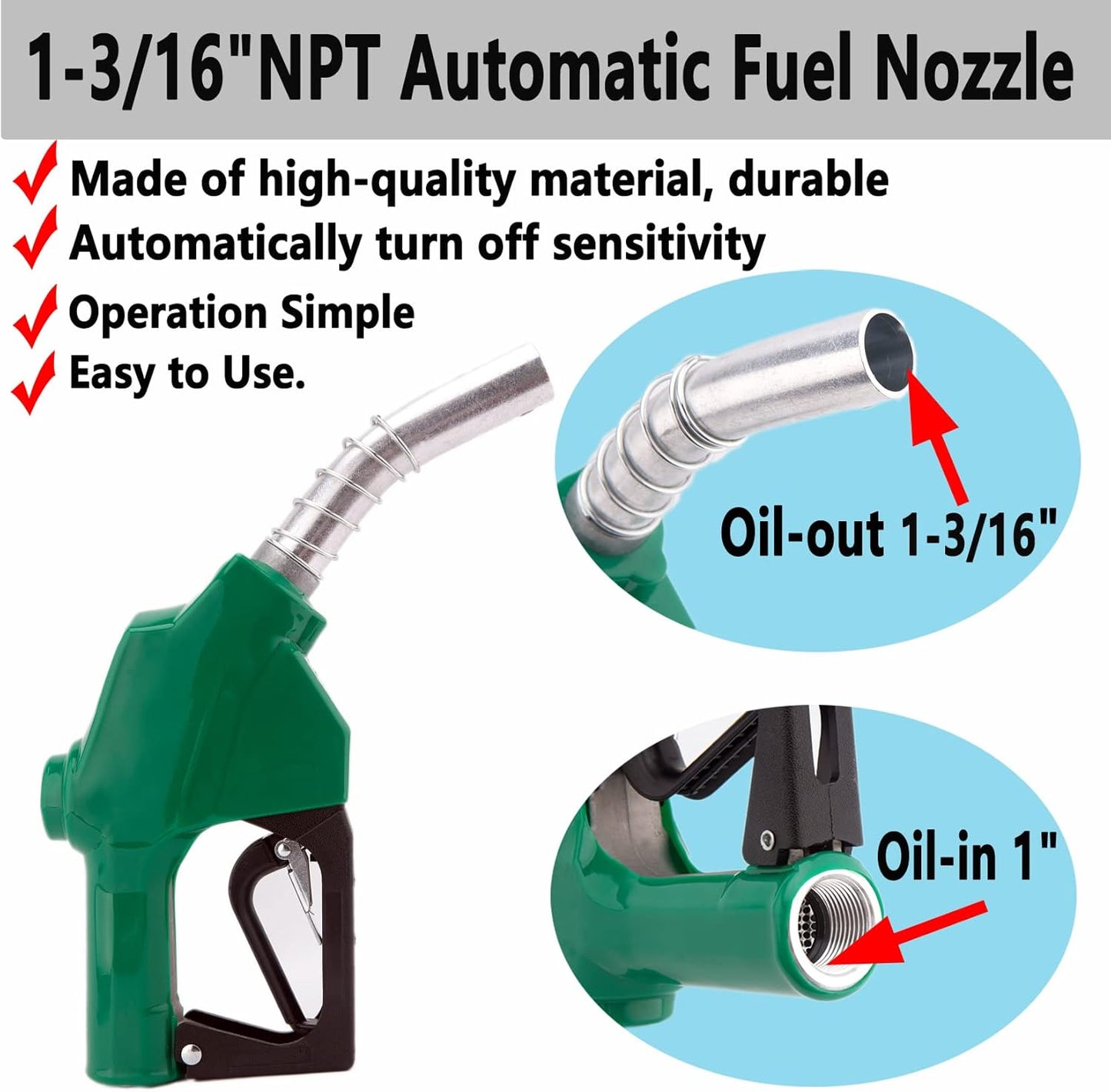 1-3/16"Automatic Fuel Nozzle,Car Fuel Filling Nozzle,Auto Shut-Off Fuel Nozzle, High Flow Automatic Fuel Nozzle, Suitable for Filling Diesel,Kerosene and Various Gasoline(inlet 1”NPT,32GPM)