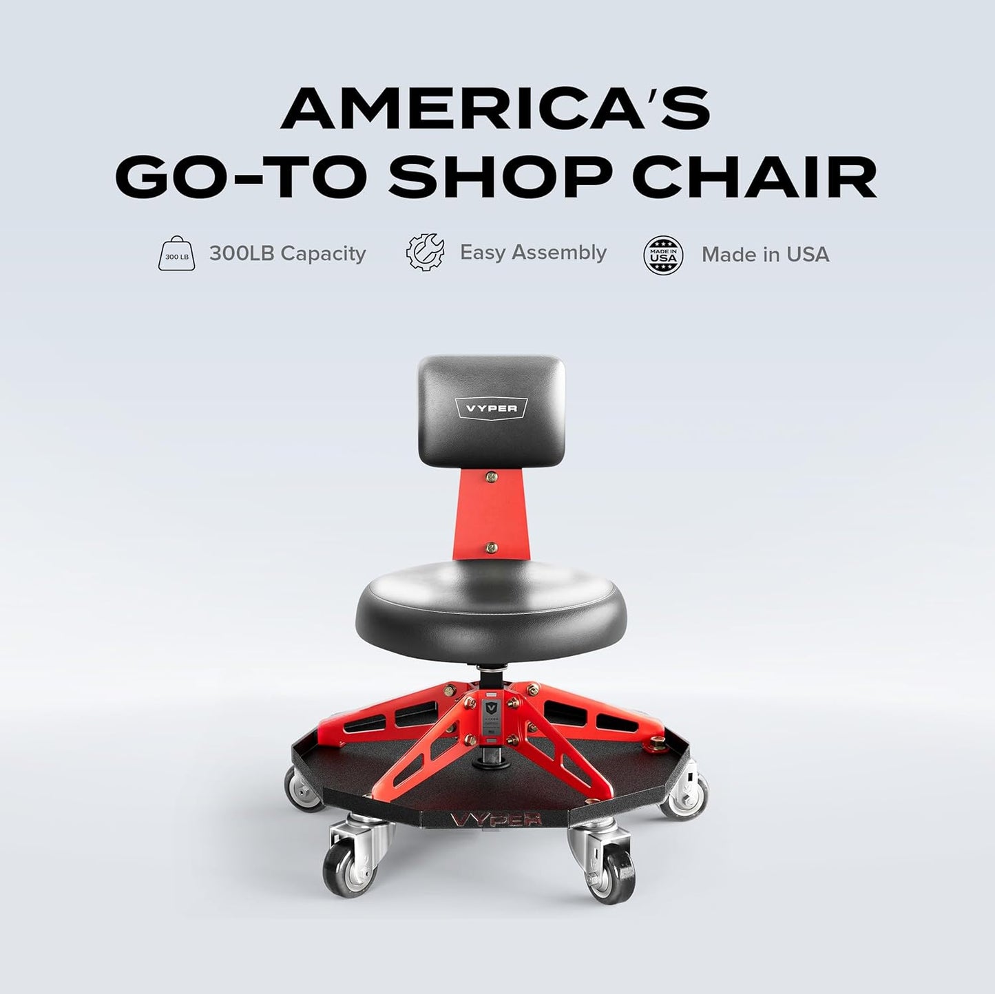 Vyper Robust Steel Sport Shop Chair for Mechanics, Automotive, DIY - 300 lb Capacity Garage Stool with Backrest & Large Wheels (Black Seat, Red Frame)