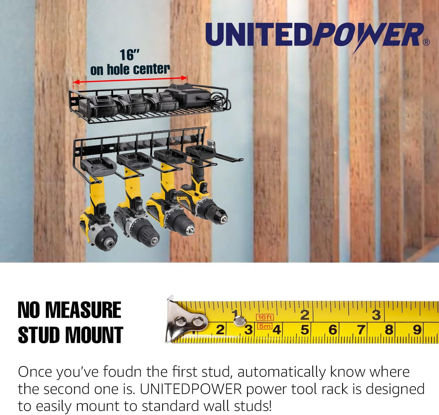 UNITEDPOWER Wall Mounted Power Tool Organizer Holder, Heavy Duty Utility Storage Rack for Battery Powered Hand Tools, Cordless Drill Rack, Workshop, Shed, Garage, Home