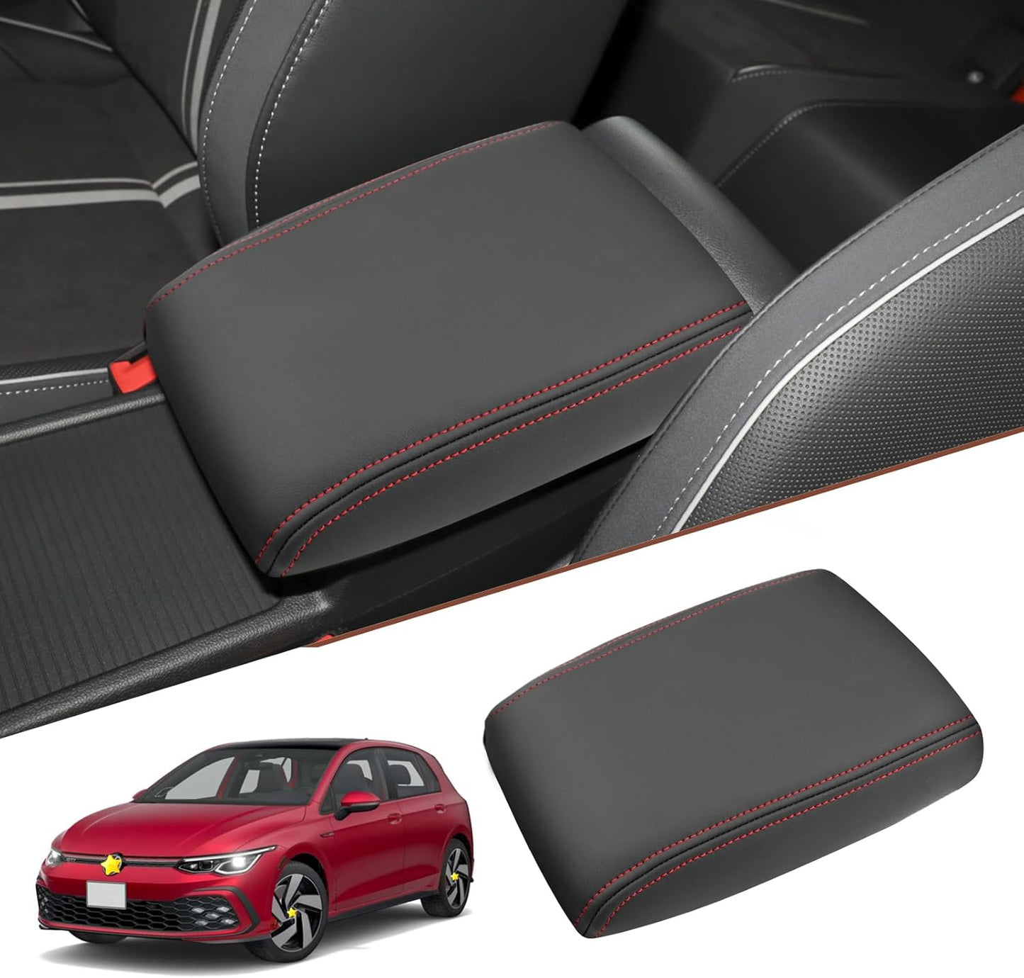 SKTU for 2020-2024 Volkswagen Golf Center Console Cover 2023 2024 Golf Accessories Armrest Cover 2023 2024 Golf R Seat Box Cover 2020-2023 2024 Golf MK8 Center Console Soft Cushion (Red Line)