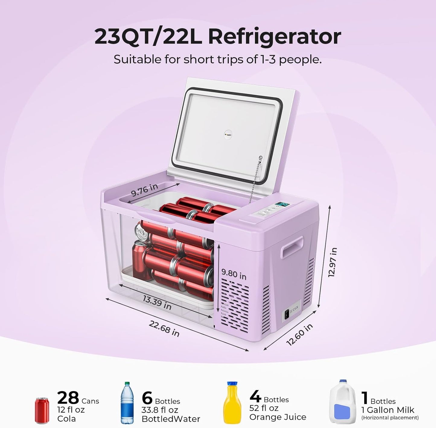 BougeRV Purple 23Quart Portable Refrigerator, 12 Volt Fridge 22L, Portable Freezer Compressor Cooler 12/24V DC 110~240 Volt AC for Truck Van RV Camper -8℉~50℉