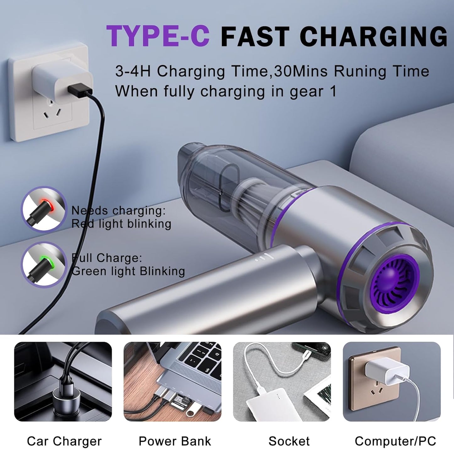 Mini Car Vacuum Cleaner,20000PA 4-in-1 Cordless Handheld Vacuum Cleaner with 6000mAh Battery Brushless Motor Hand Held Vacuum Air Duster & Air Blower & Pump for Car,Office and Home Cleaning