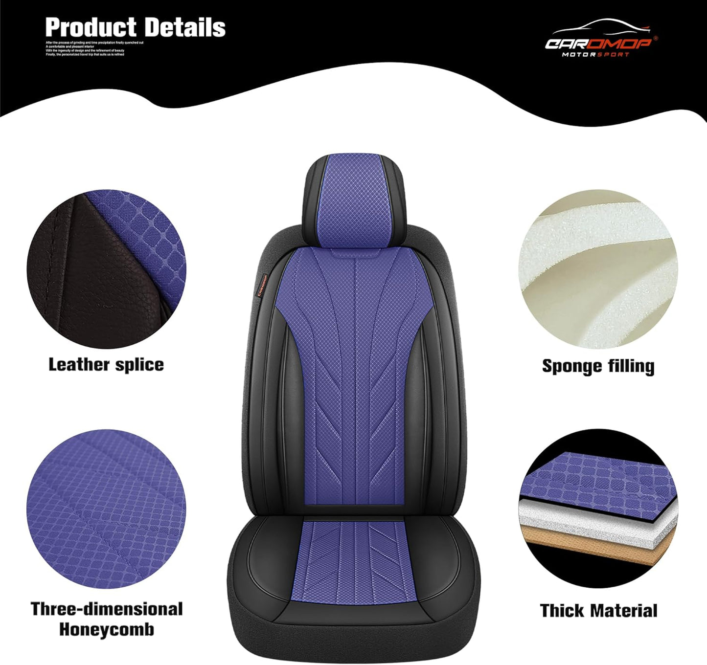 CAROMOP Luxury Faux Leather&Fabric Car Seat Covers Full Set with Breathable 3D Foam Back Support,Universal Comfortable Seat Covers for Cars,Trucks,SUVs, Front Armrests Compatible(5-Seat Black/Blue)