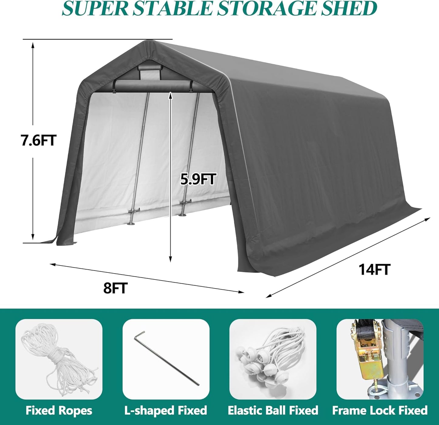 8' x 14' Outdoor Storage Shelter Shed- Heavy Duty Storage Tent with Roll-up Ventilated Windows, Portable Garage Zipper Storage shed for Bike, ATV, Motorcycle Shelter, Gray