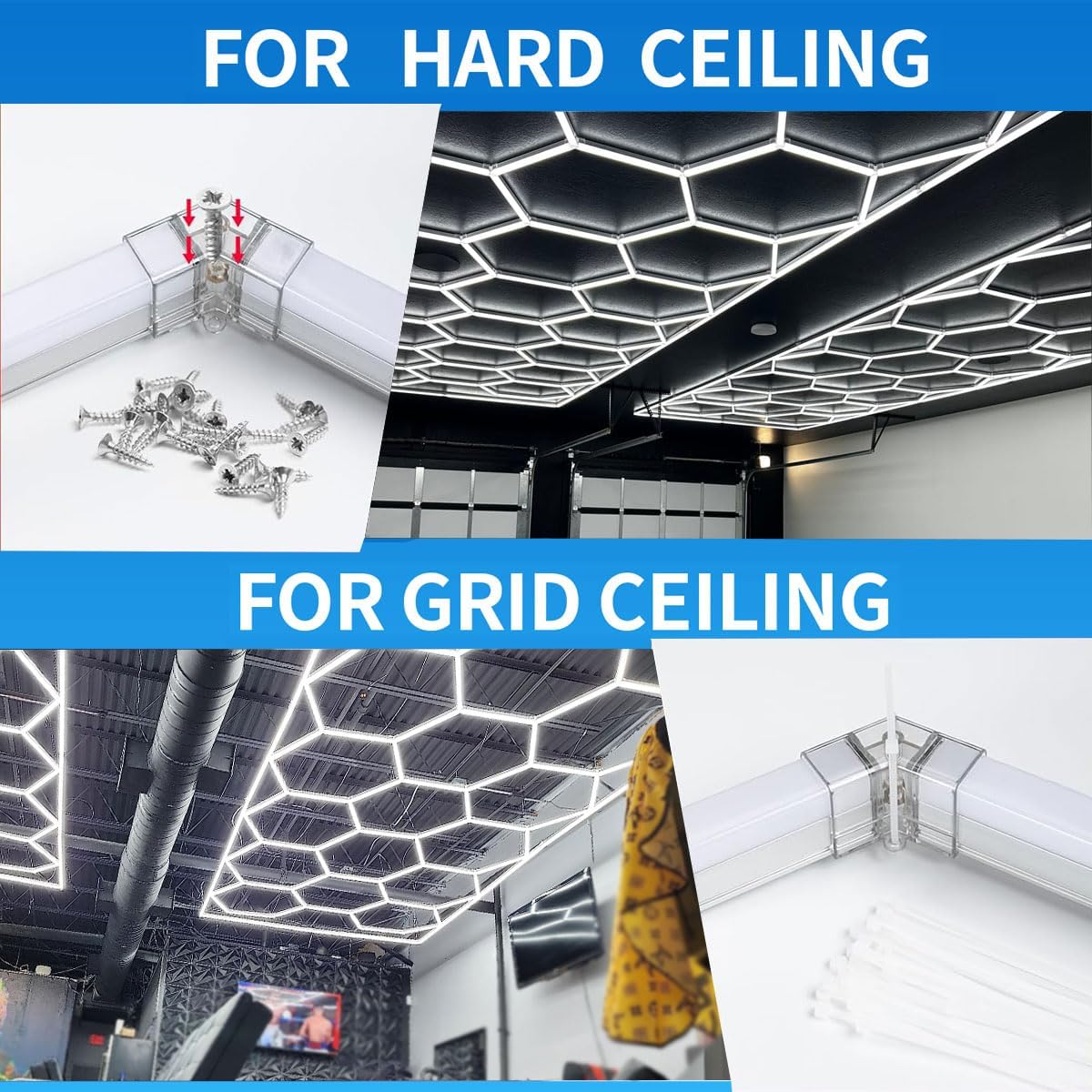 tewei Hexagon LED Garage Lights with Rectangle Frame, 900W 90000LM 6500K, Ultra-Bright Hexagon LED Shop Lights for Garage, 14 Grids Hex Ceiling Light for Workshop, Warehouse, Gym, Car Detailing Shop