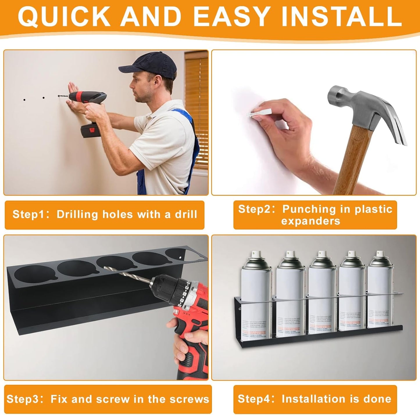 Aerosol Spray Can Holder Rack 4 Packs, Spray Bottle Organizer Wall Mounted Heavy-Duty Steel Paint Bottle Storage Rack for Garage and Workspace