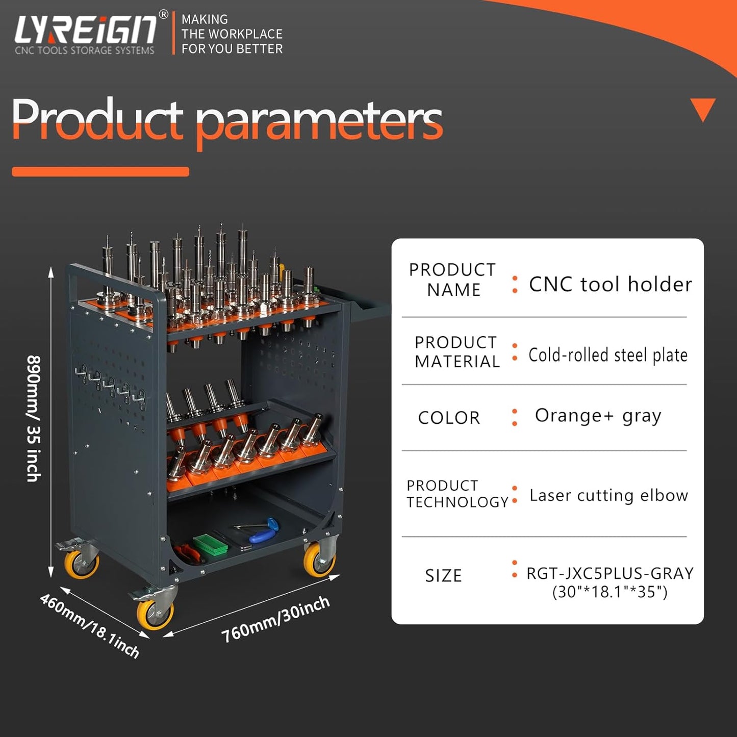 Grey Classic 40 Taper CNC Tool Holder Transfer Cart, 35 Capacity CAT/BT40 Service Carts with Wheels Heavy Duty, Multi-Function Workshop CNC Tool Trolley
