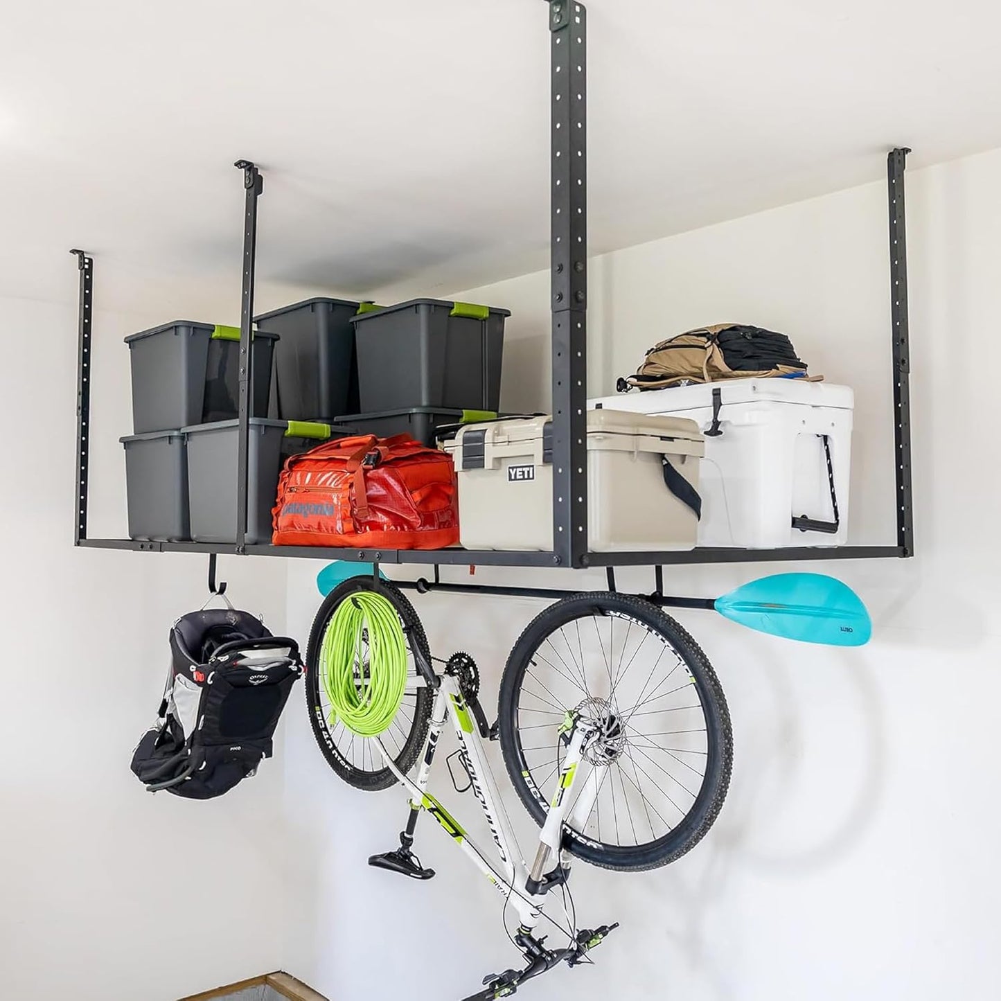 StoreYourBoard 4X8 Garage Storage Rack with Hooks, Ceiling Shelf Overhead Organization, Heavy Duty Steel Platform Holds 700 lbs, 96 in. x 48 in. x 40 in.