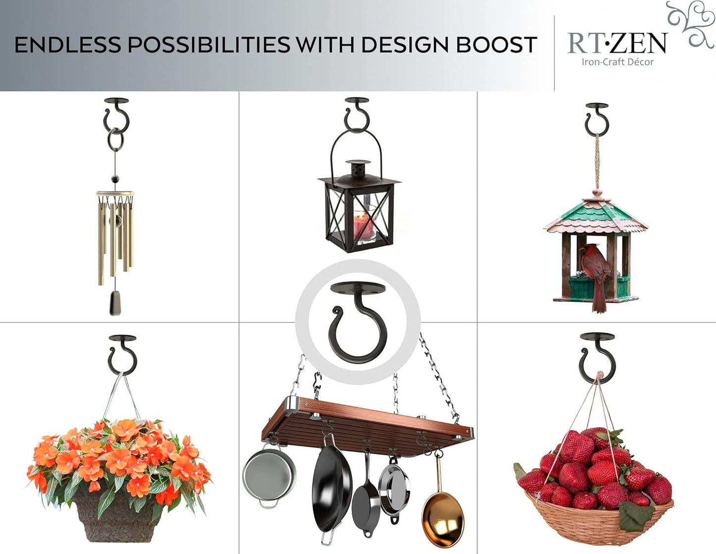 RTZEN Plant Hangers Outdoor or Indoor - Wrought Iron Metal Hanger Indoor Hook - Heavy Duty Wall Bracket Hooks for Hanging Plants Baskets Lanterns Wind Chimes - 2 Pack (Large Black Ceiling Hooks)