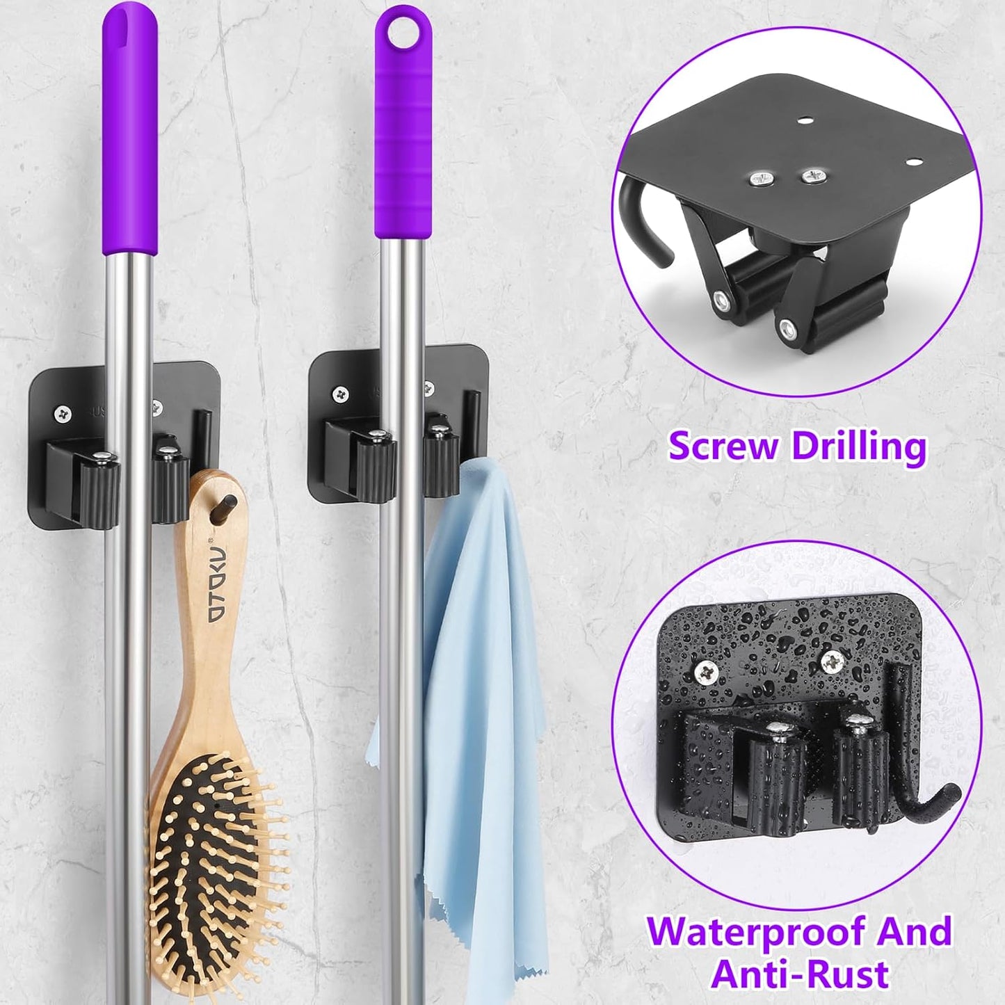 Stainless Steel Broom Holder, Heavy Duty, Rust Resistant, 4 Gripper Positions with 4 Hooks, Black