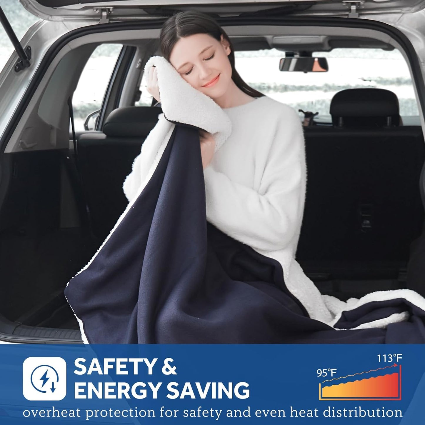 Sealy 12-Volt Heated Car Blanket, Portable Electric Blanket with 3 Heating Levels & 4 Hours Auto Off for Car, Truck, SUV, RV or Camping, Machine Washable, 59" X 43", Navy