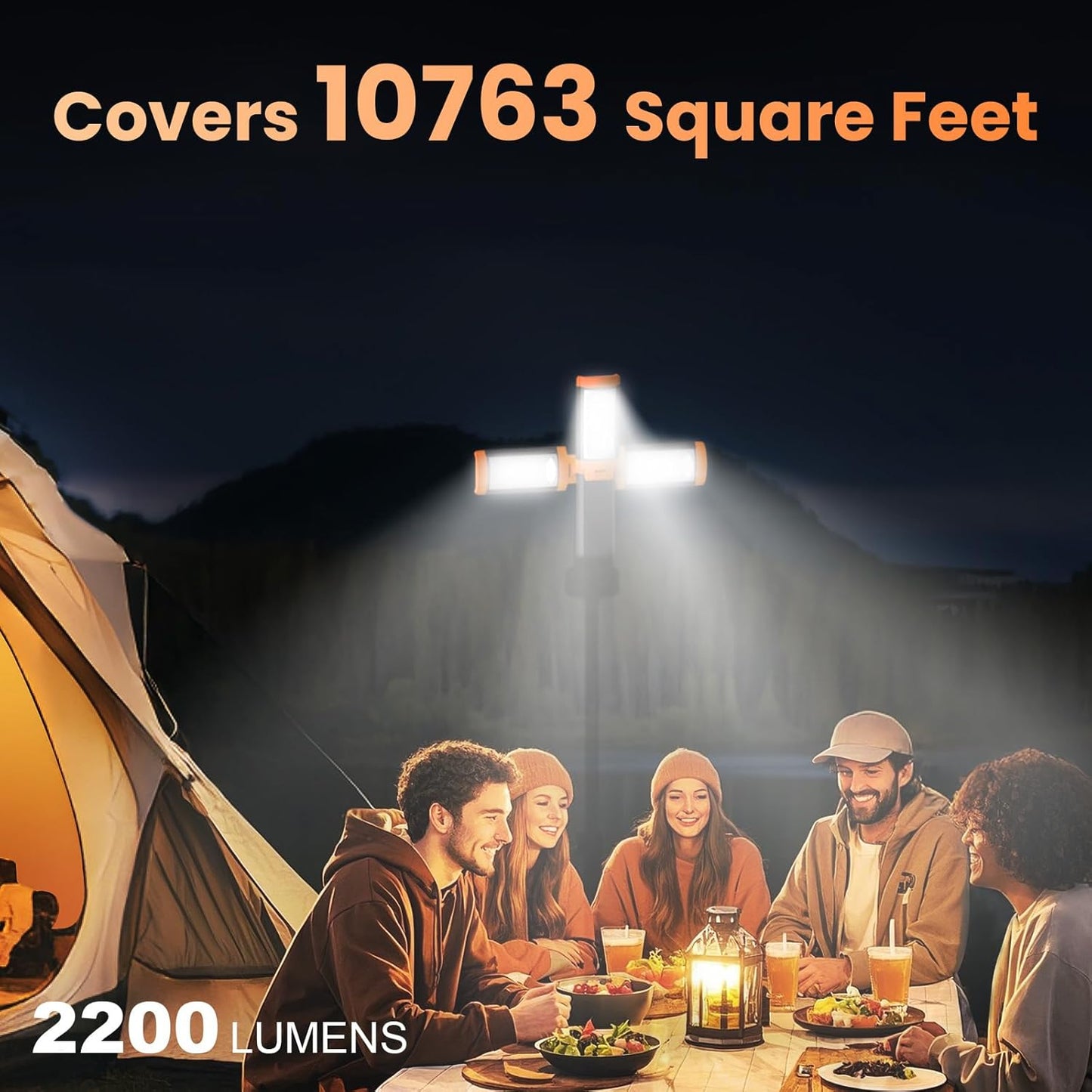 CAVN Rechargeable 10000mAh Camping Lights with Stand 6.5 ft Max Height, Portable Cordless LED Work Light 2200 Lumens 6500/4500/3500K Dimmable Camping Essentials Gear with Detachable Tripod, Orange