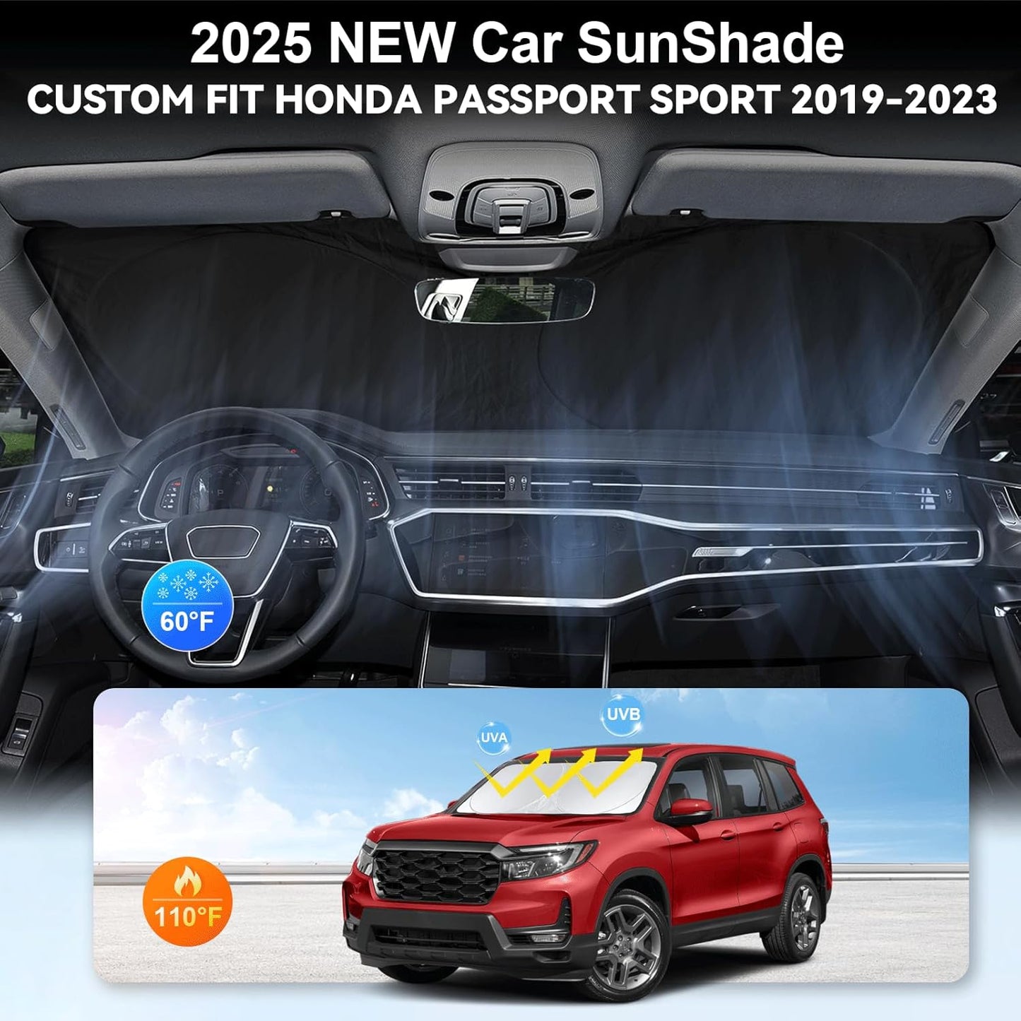 Custom Fit Passport Windshield Sunshade for 2019-2024 2025 Honda Passport, Sport, EX-L, Touring, Eliten, SUV Accessories Front Window Shades Cover for Windshield Sun Visor Protector 210T Reflector