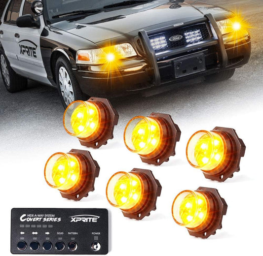 Xprite Amber LED Hideaway Strobe Lights Kit 20 Flashing Patterns w/Control Panel Headlights Taillights Fog Marker Light Mounting, for Roadside Emergency Vehicles Trucks SUV Vans 12V Cars 6 PCs