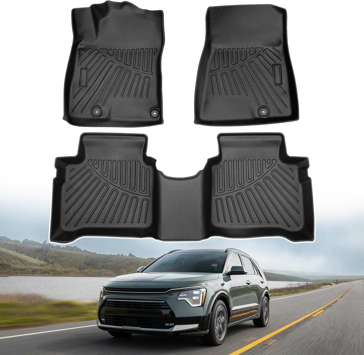 Powerty Floor Mats for 2023-2025 Kia NIRO & Hybrid & HEV - All Weather Floor Liners, 3D TPE, Heavy-Duty (1st & 2nd Row, NOT for EV & PHEV)