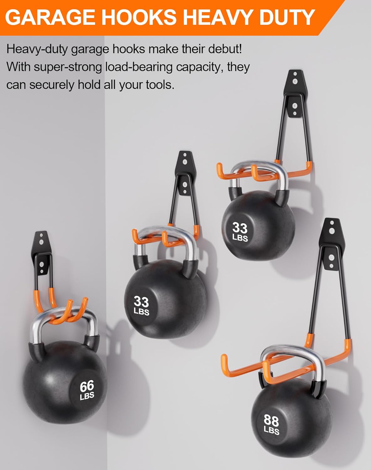 QcoQce 15 Pack Garage Hooks Heavy Duty with 2 Extension Cord Straps,Garage Storage Hooks, Wall Mount Hooks, Garage Organization and Tool Hangers for Bike, Ladder, Ropes and Garden Tools(Orange)
