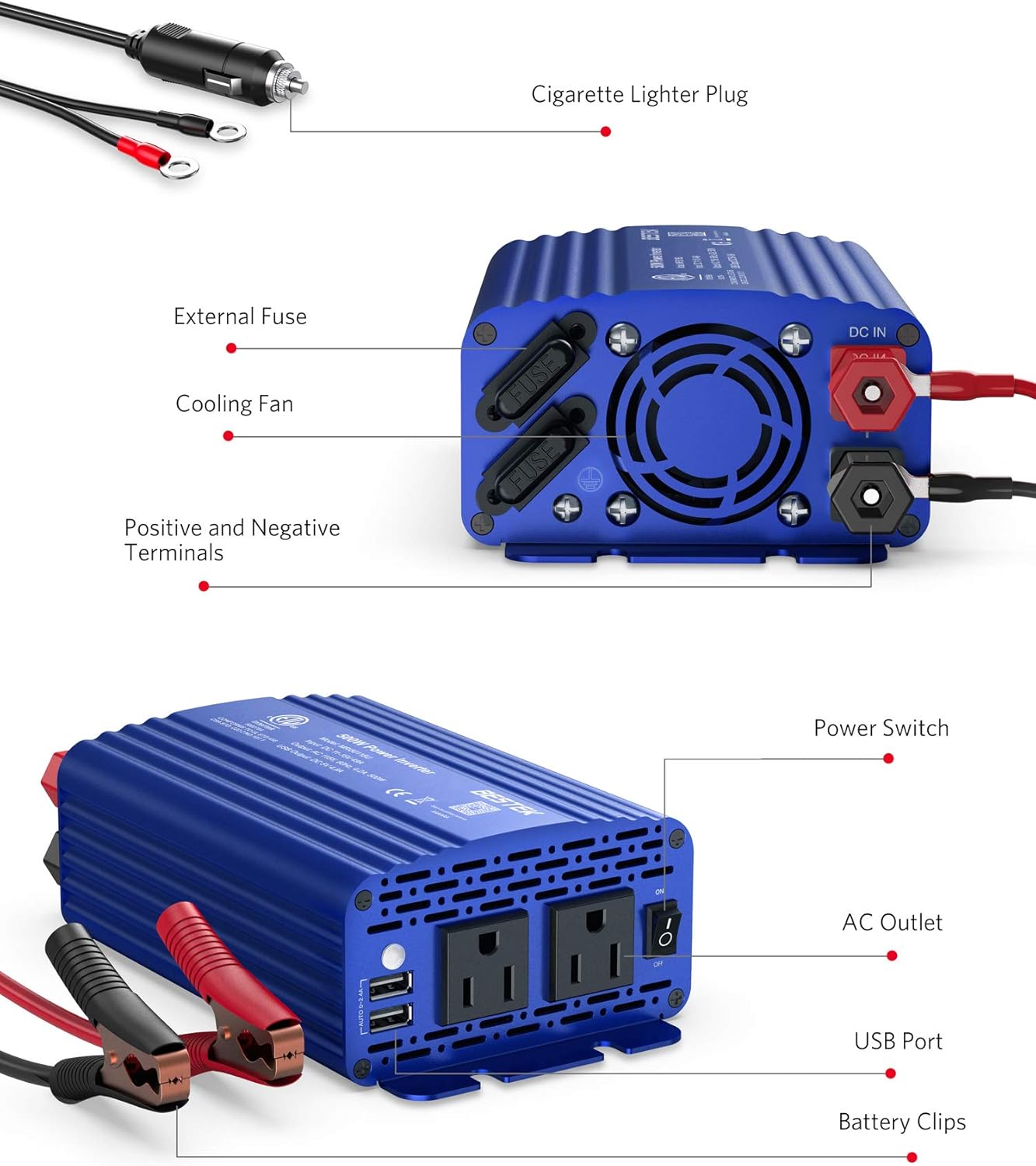 BESTEK 500W Power Inverter DC 12V to 110V AC Converter with 4.8A Dual USB Car Charger ETL Listed (Blue)