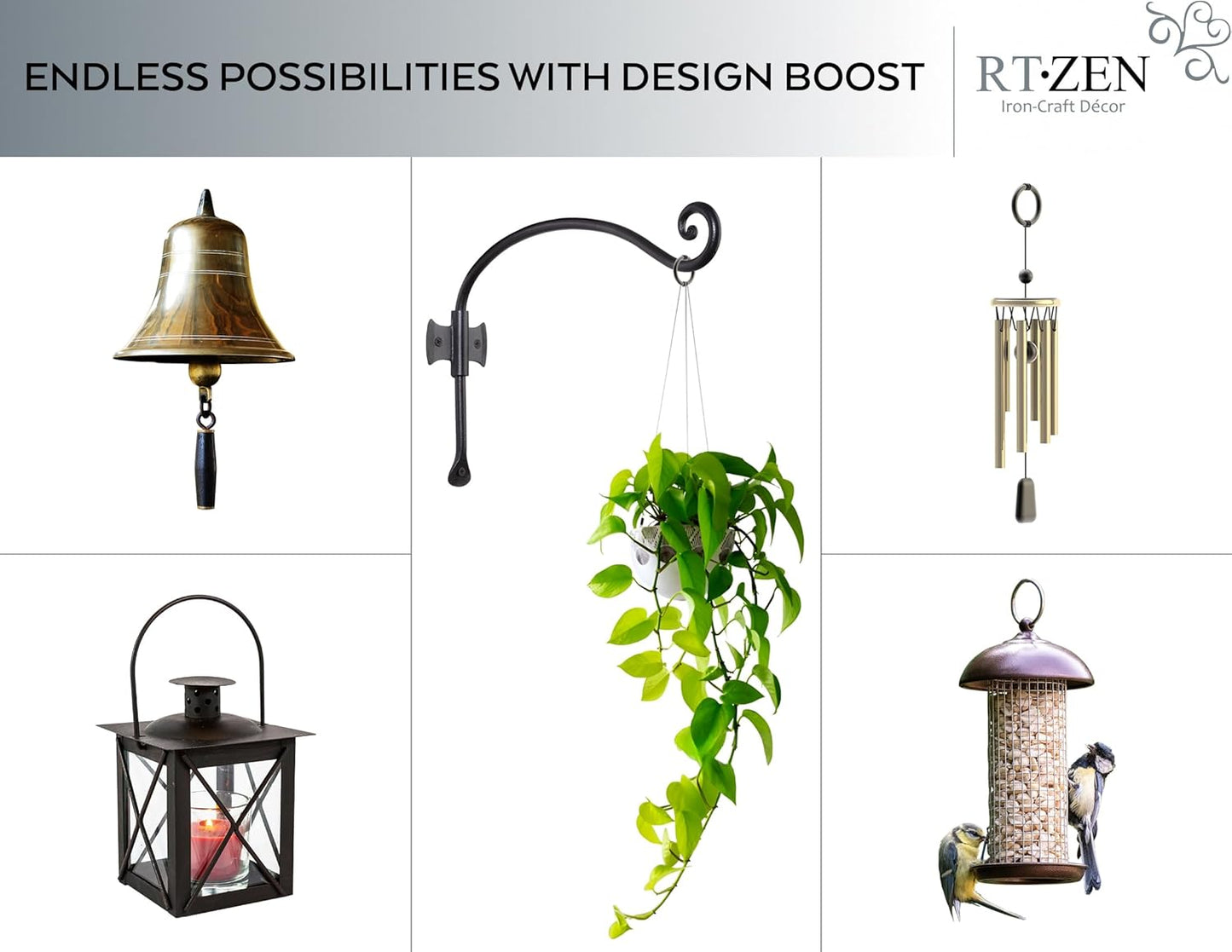 RTZEN Plant Hangers Outdoor or Indoor - Wrought Iron Metal Hanger Indoor Hook - Heavy Duty Wall Bracket Hooks for Hanging Plants Baskets Lanterns Wind Chimes - 2 Pack (Black Axe-Shape Hooks)