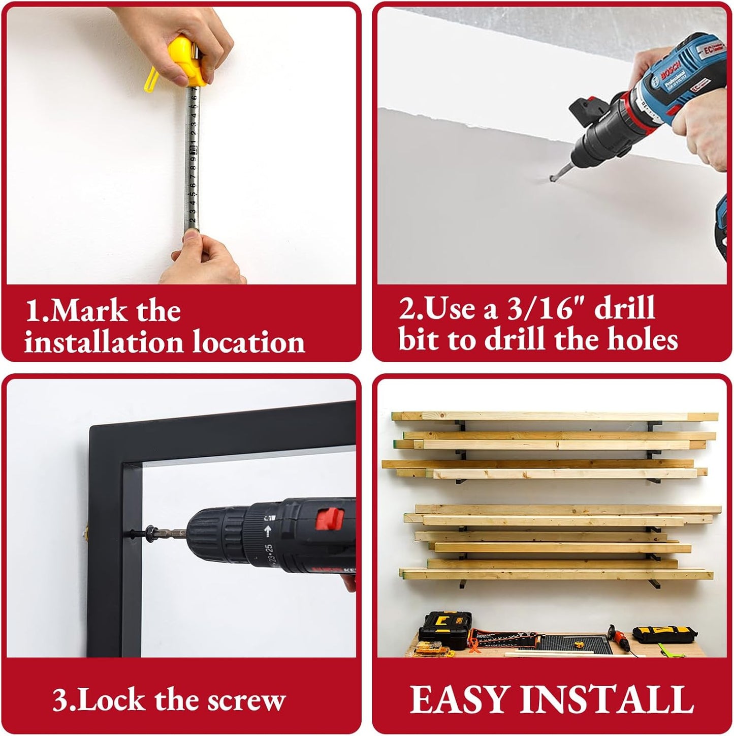 Lumber Storage Rack Wall Mount, Heavy Duty Metal Wood Organizer with 6-Level Each Shelf Holds Up 200 Lbs, Indoor & Outdoor Use - Black