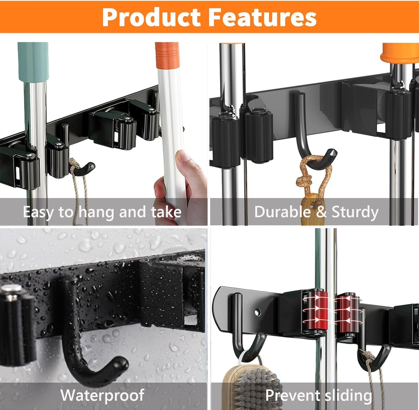 Mop and Broom Holder Wall Mount, Upgraded Broom Organizer Wall Mount, Stainless Steel Broom Hanger Wall Mount for Home Kitchen Garden Laundry Garage (5 Racks with 4 Hooks Black)