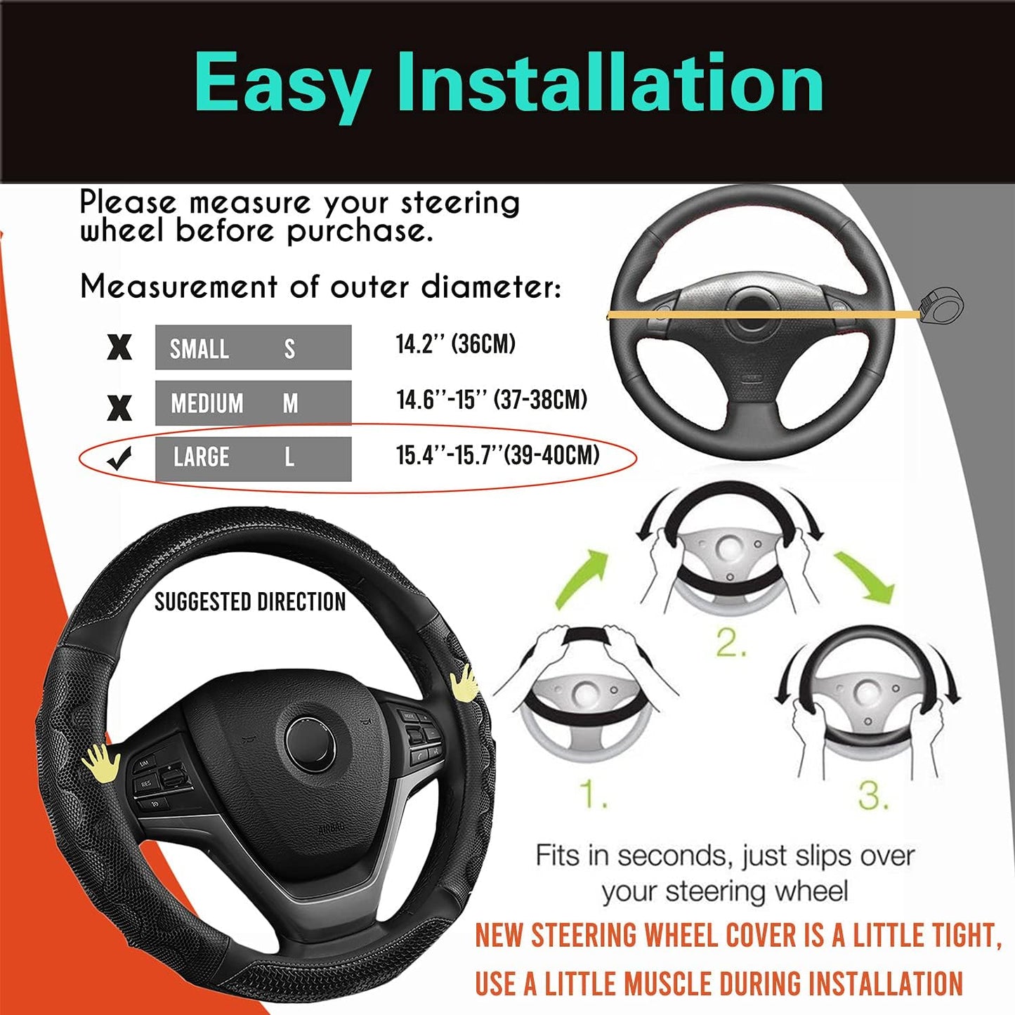 PINCTROT Large Size Steering Wheel Cover Great Grip with 3D Honeycomb Anti-Slip Design, 15.5-15.75 Inch (All Black)