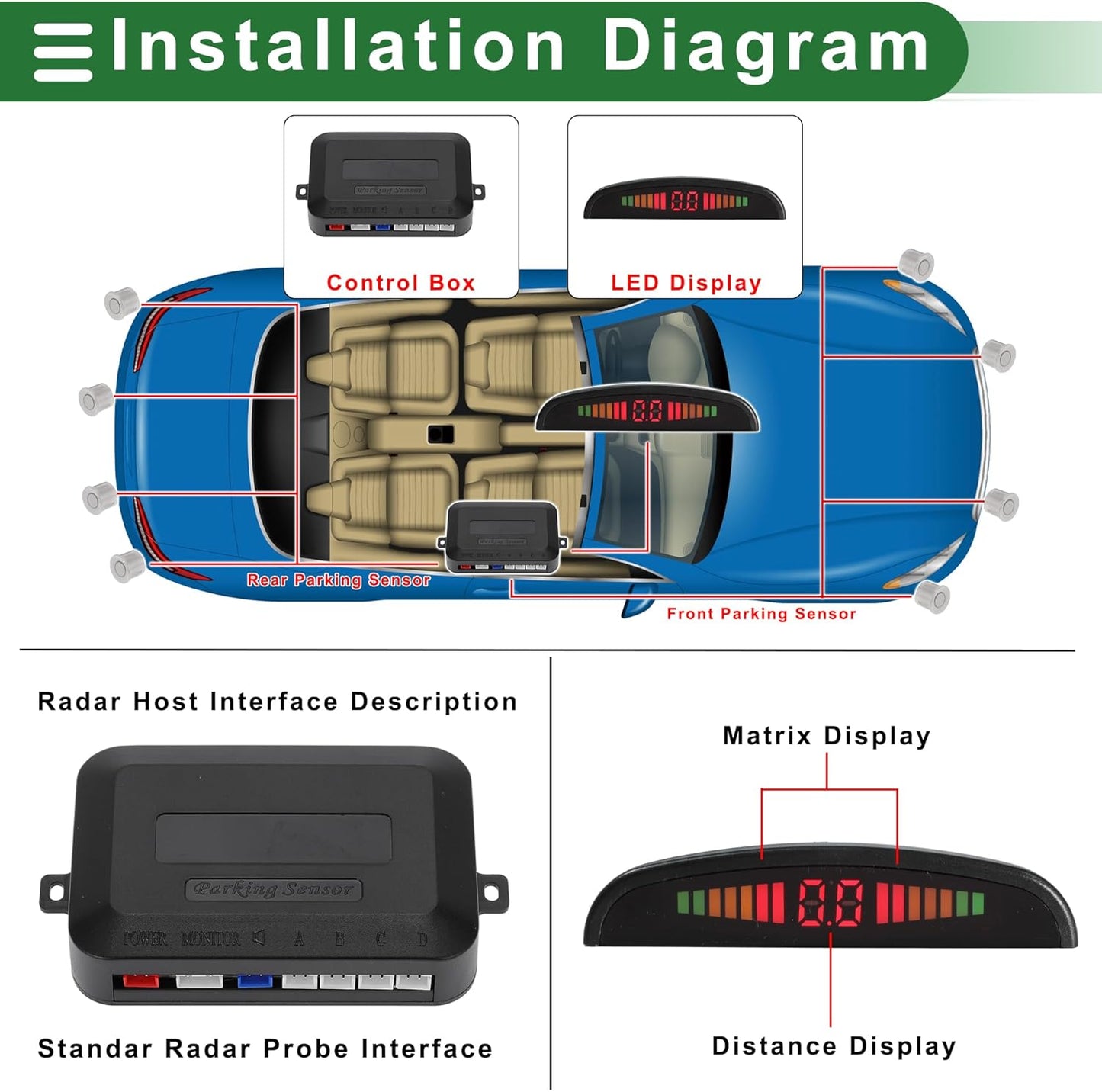 Motoforti Universal Car Auto Vehicle Reverse Backup Radar System Reverse Parking Sensors Alarm Buzzer Reminder Distance Detection White 4Parking Sensors