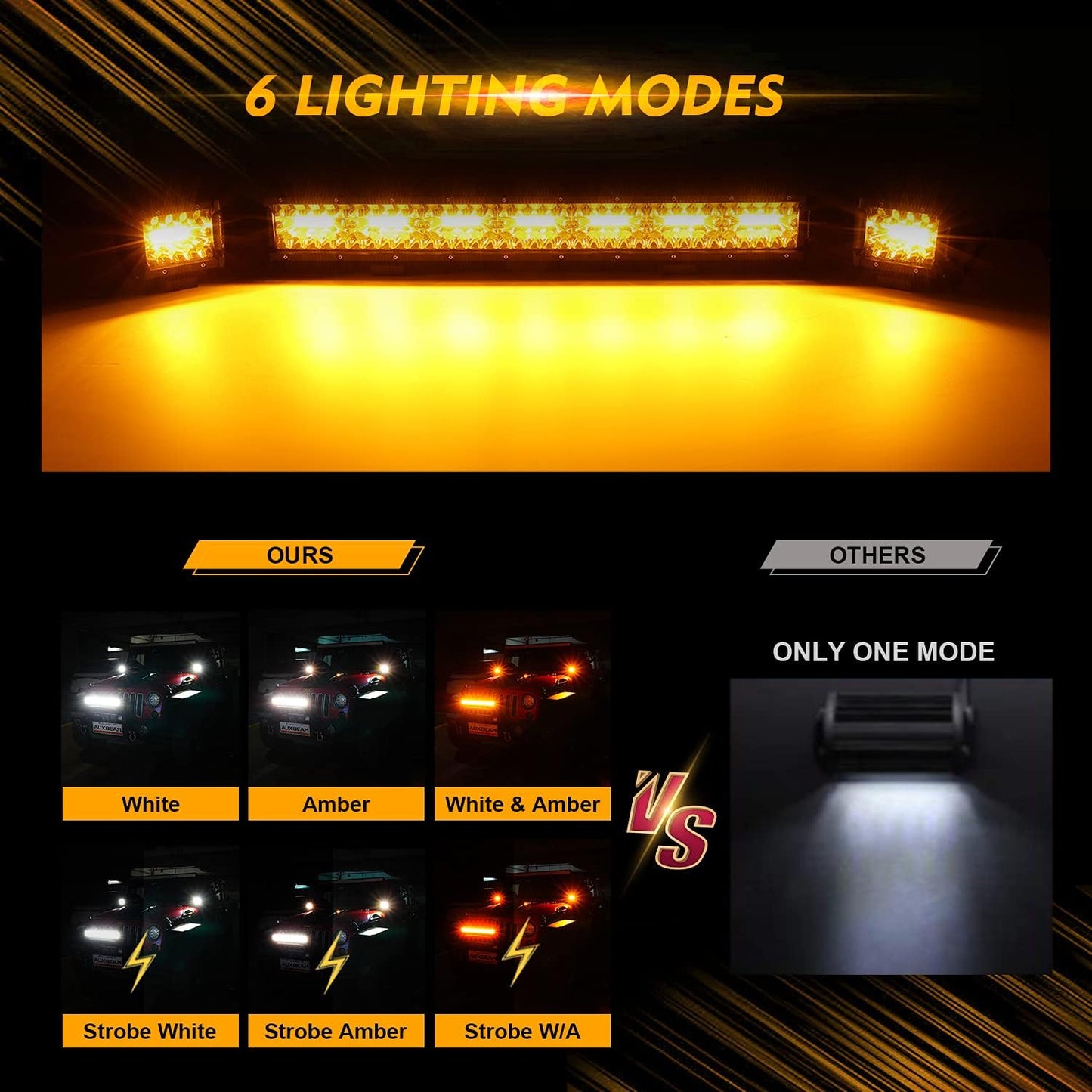 Auxbeam 20" 420W LED Light Bar w/ 2x 4" 120W Pods, Amber/White Strobe Off-Road Fog Lights, 6 Modes, Memory Reset, Spot/Flood, Yellow, Ditch Light for Truck Car ATV