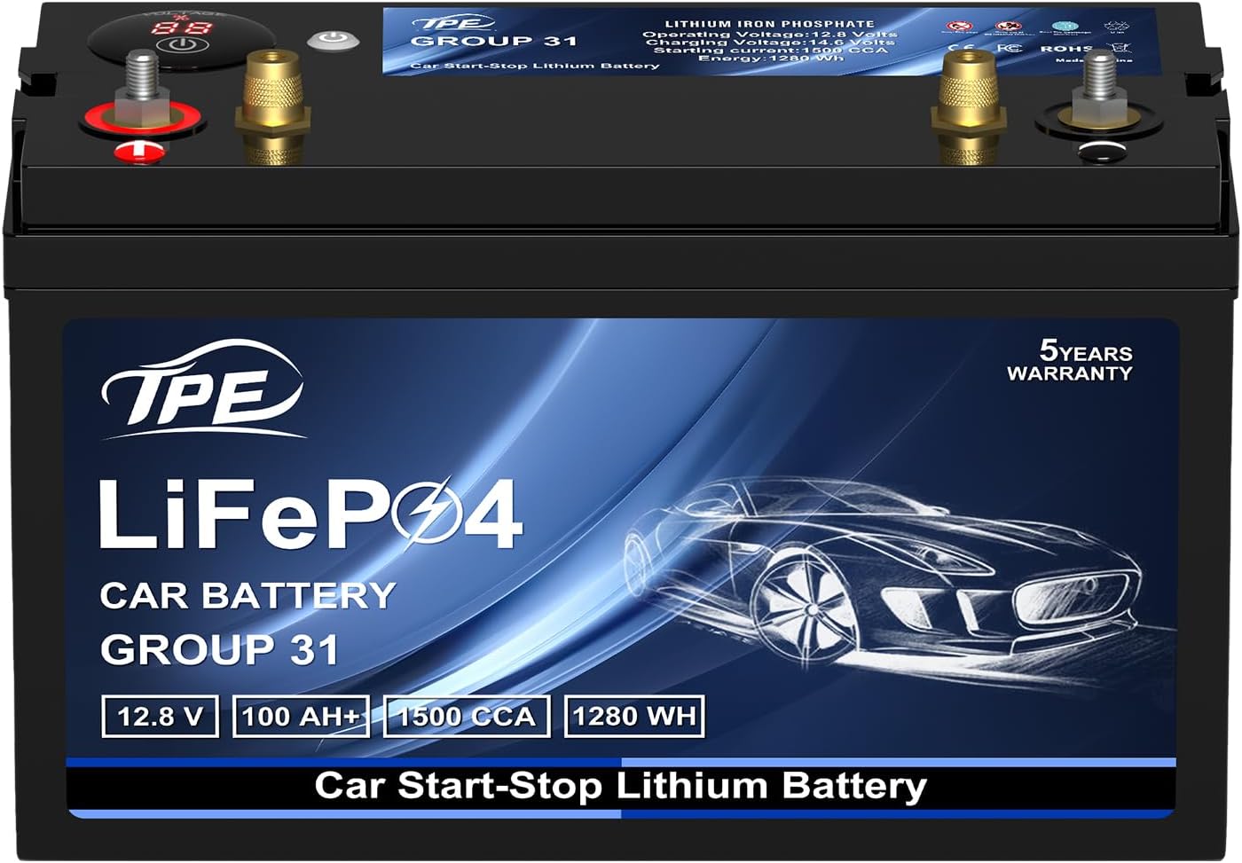 TPE BCI Group31 Car Start Stop System LiFePO4 Lithium-ion Battery 12.8V 100AH 1500A 1280WH Lightweight High Performance Battery Level Display Dual Port