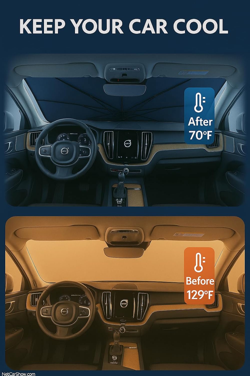 Proadsy Windshield Sun Shade Umbrella for Volvo XC90 2016-2025 2026 Foldable Car Umbrella Sunshade with Soft TPU Handle Spring Structure Crystal Cooling Material Protect Car from Rays & Heat