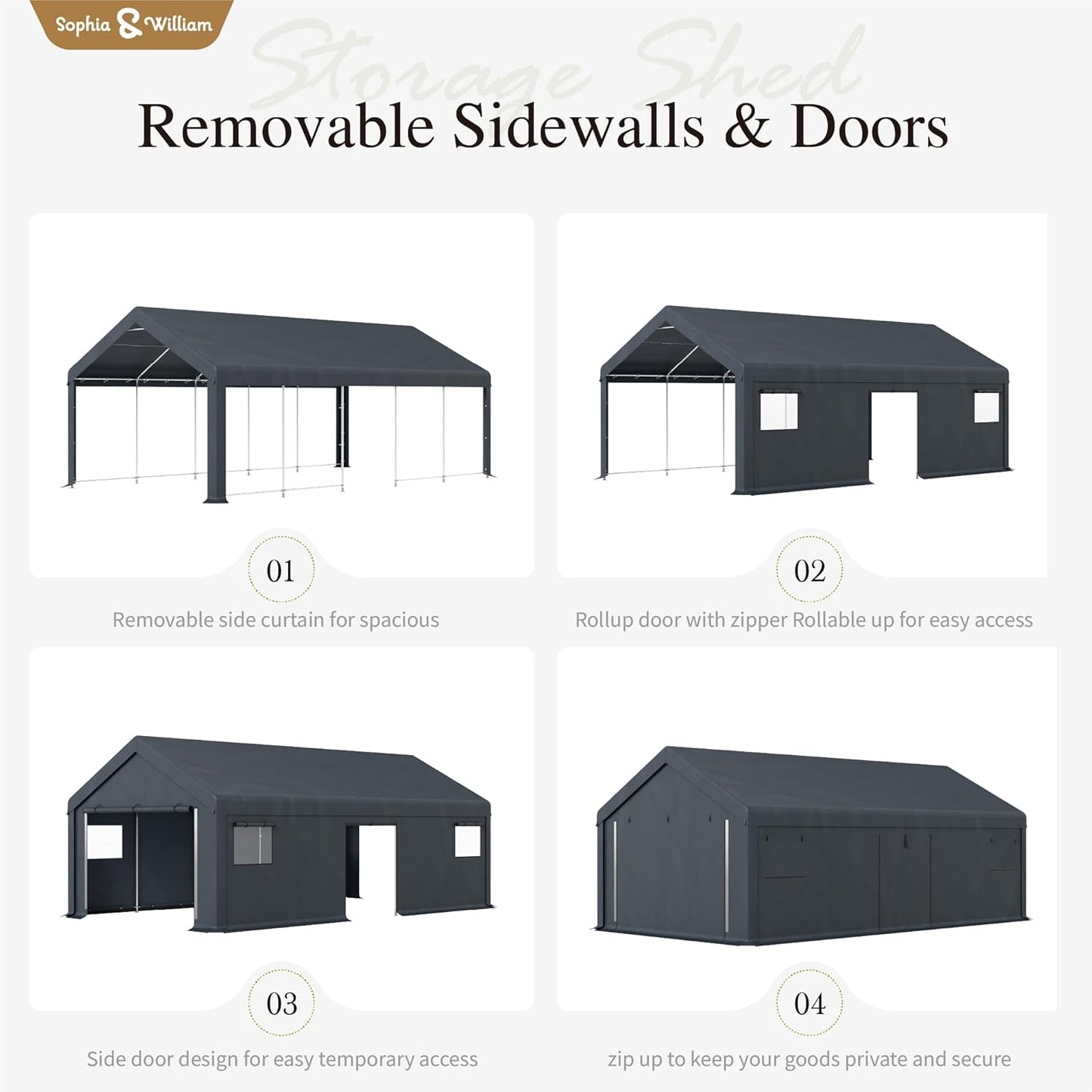 Sophia & William Carport Storage Shed 13x24 ft Portable, Heavy Duty Car Port Canopy Garage Shelter with Sidewalls and Roll Up Doors for Automobile Boat Motorcycle Bike, Gray