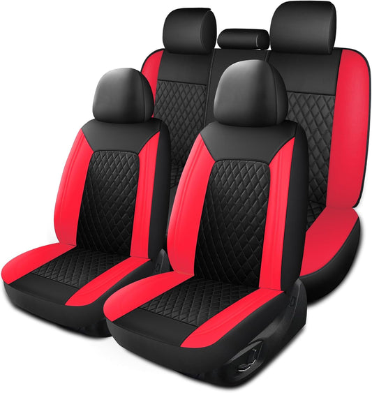 Red Car Seat Covers,Breathable and Waterproof Seat Cover Full Set,PU Premium Universal Fit Automotive Airbag Compatible for Cars Sedans SUVs Vans and Trucks(Full Seat,Black+Red,N1)