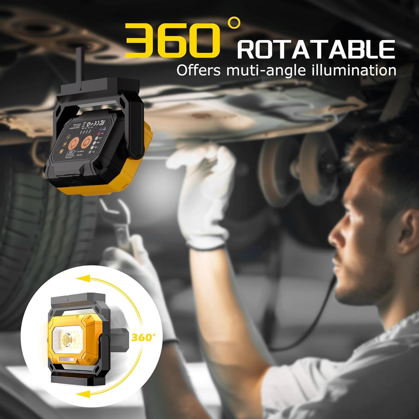 LED Work Light, 1500LM Magnetic Work Light with 360°Rotating Magnetic Stand & 15 Modes, 4000mAh Rechargeable Mechanic Light with Hook for Emergency Car Repairing, Father's Day Gift