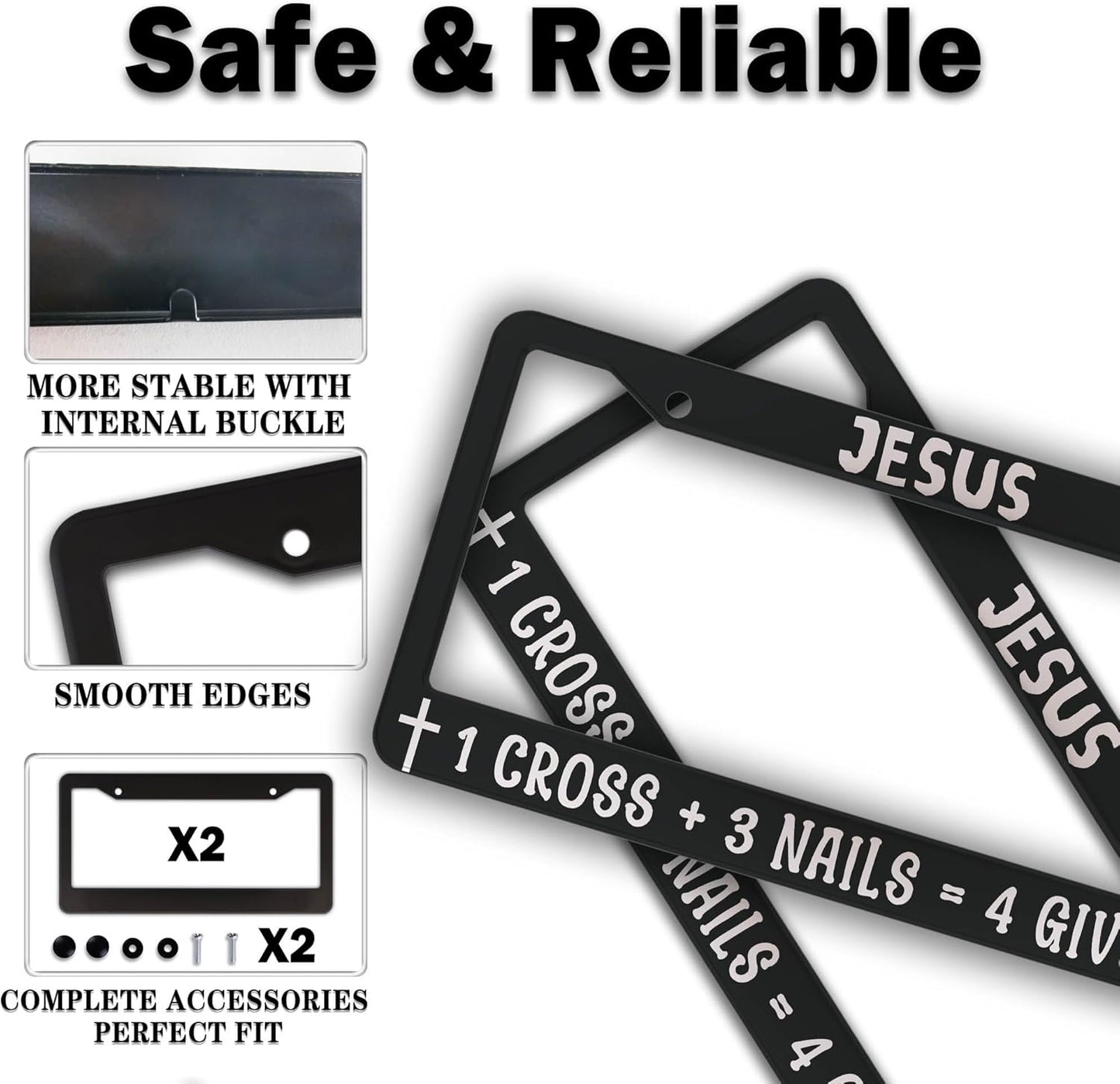 Fun License Plate Frame Cover Black and White License Plate Frames Jesus 1 Cross 3 Nails 4 Given Universal Aluminum Car Accessory 2 Pack with Screw Covers Set
