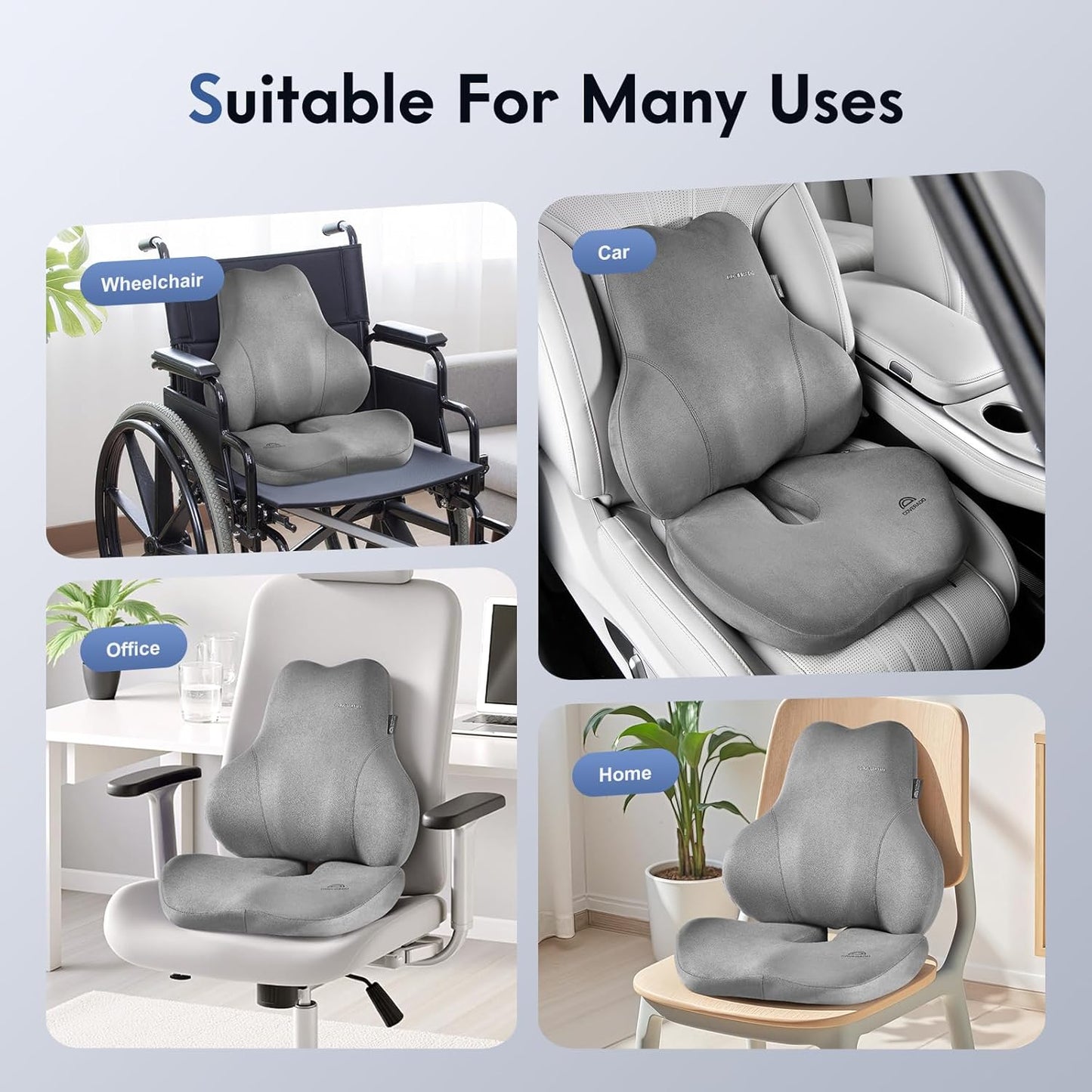 Coverado Memory Foam Car Seat Cushion and Lumbar Support Pillow for Car, Ergonomic Office Chair Cushion for Lower Back Pain Relief, Breathable & Non-Slip for Car, Home, and Office Use, Gray