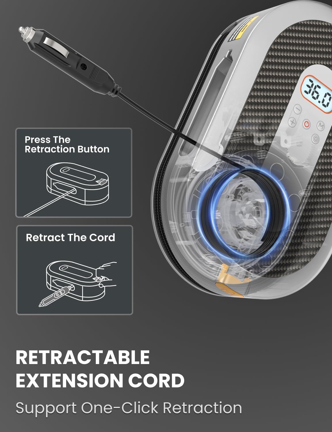 Giraffe Tools Tire Inflator Portable Air Compressor, 150 PSI 12V Car Air Pump with Digital Pressure Gauge, 13ft Cord Retraction Auto Tire Pump with Emergency LED Light for Bicycle, Motorcycle, Ball