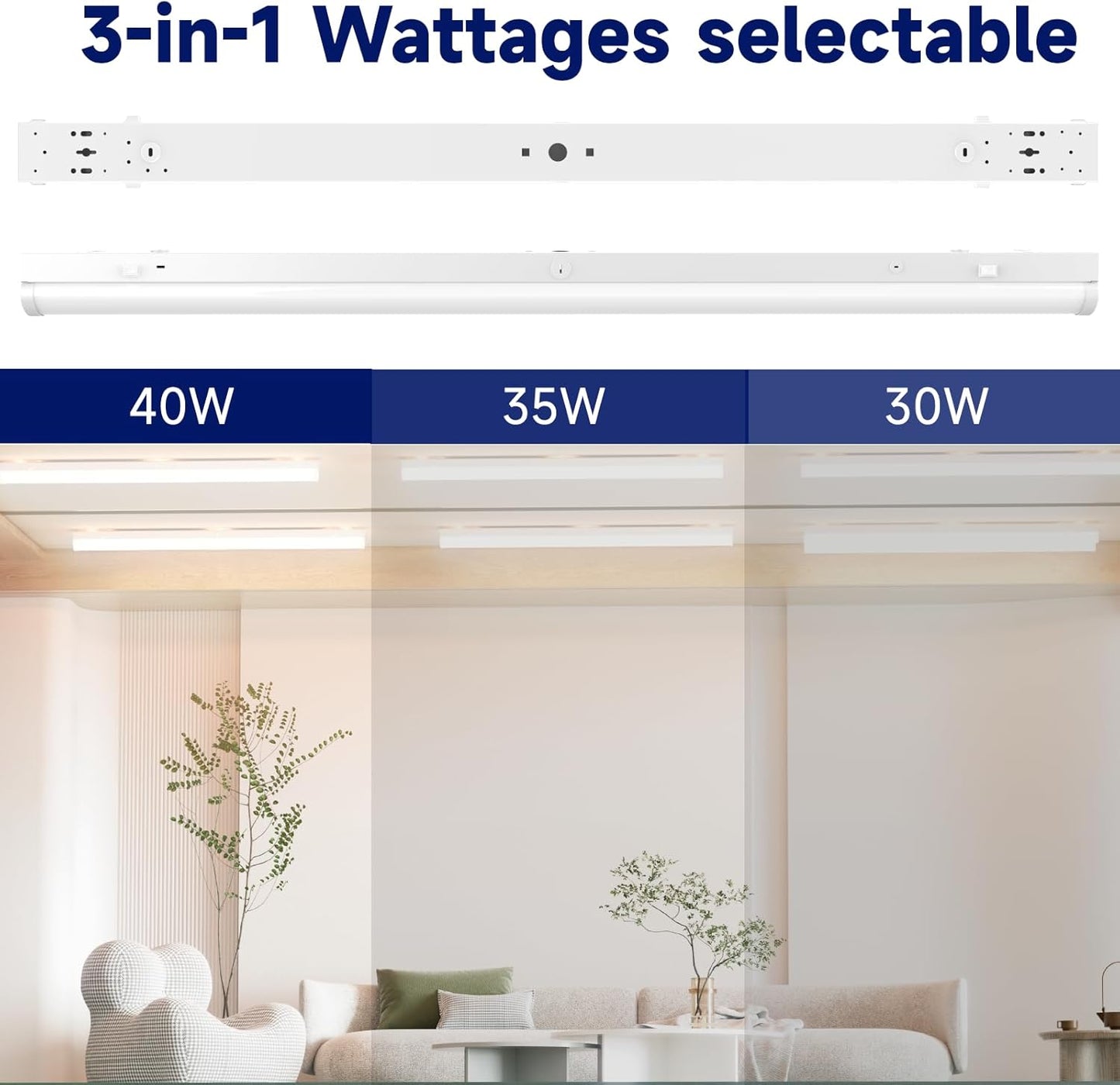 4FT LED Linear Strip Light, LED Shop Lights 40W/35W/30W Selectable,4 Color Selectable 3500K-6500K Adjustable,0-10V Dimmable Commercial Garage Office Ceiling Light Fixture, ETL DLC Listed (9 Pack)