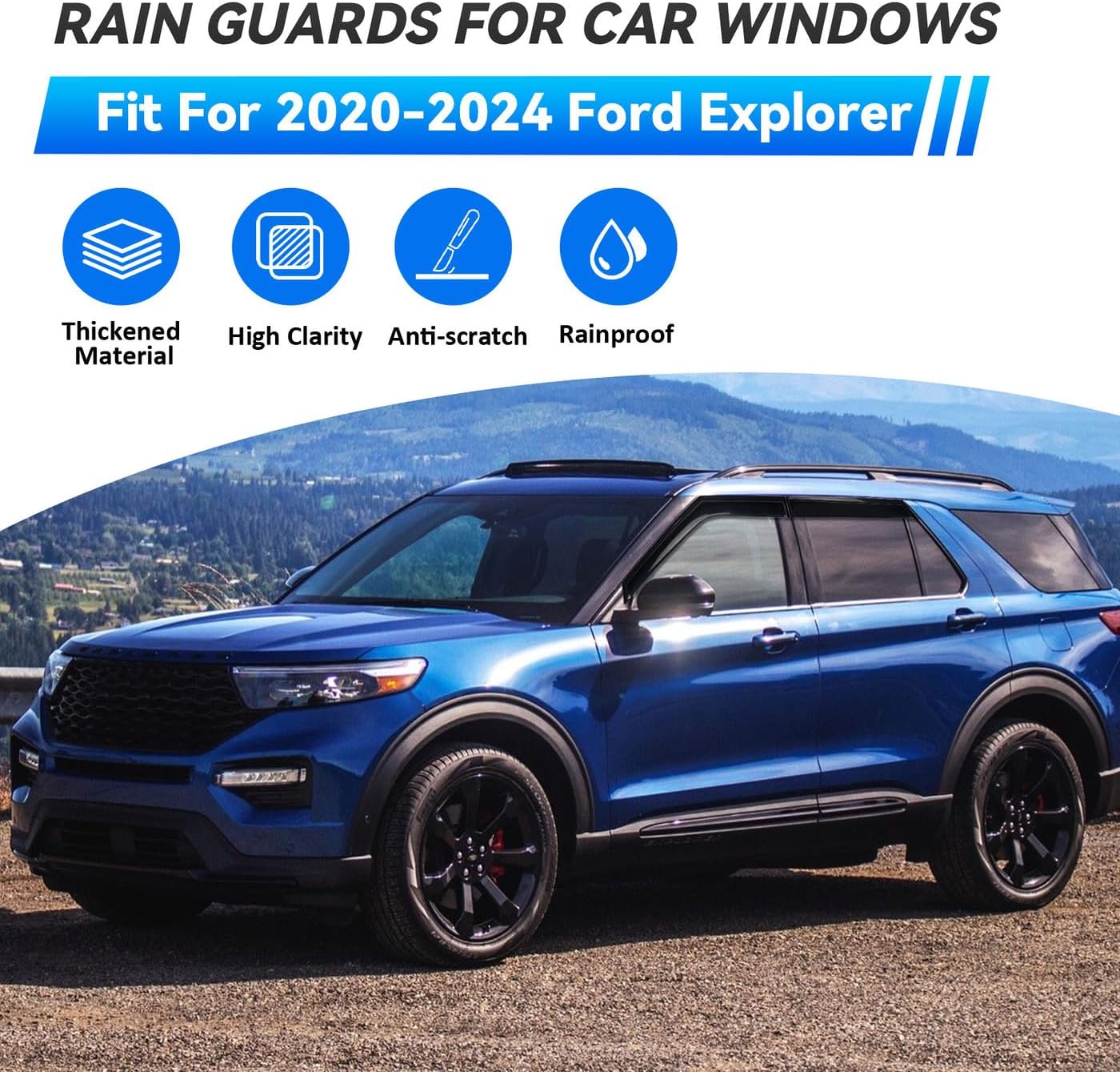 4pcs Window Visors Compatible with 2020-2025 Ford Explorer Front+Rear Smoke Tint Sun/Rain Guard Outside Mount Tape-On Vent 2021 2022 2023 2024