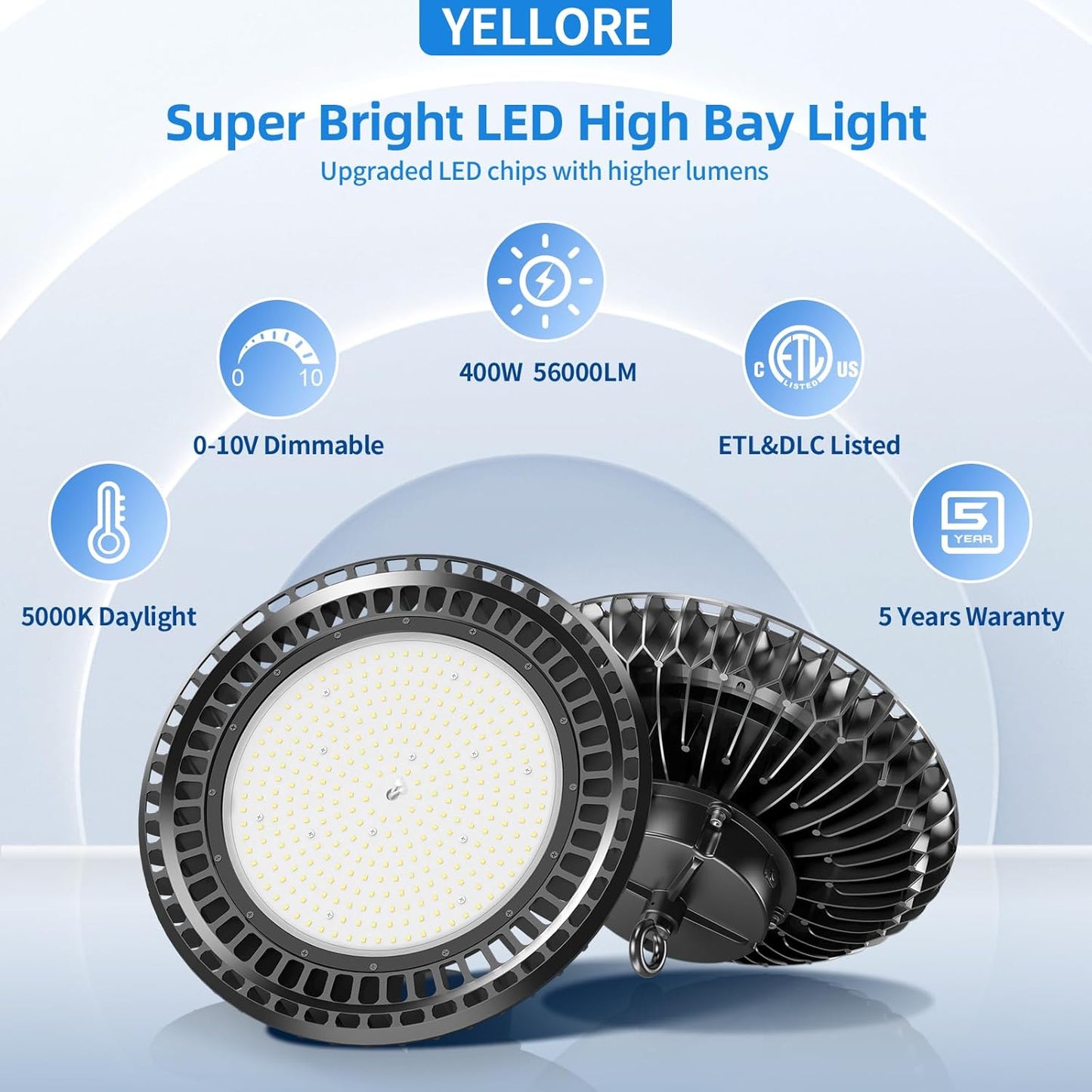 400W LED High Bay Light 56000LM 5000K 120VAC UFO Light IP65 Waterproof Dimmable Commercial Bay Lighting for Workshop|Garage|Factory -ETL&DLC Listed