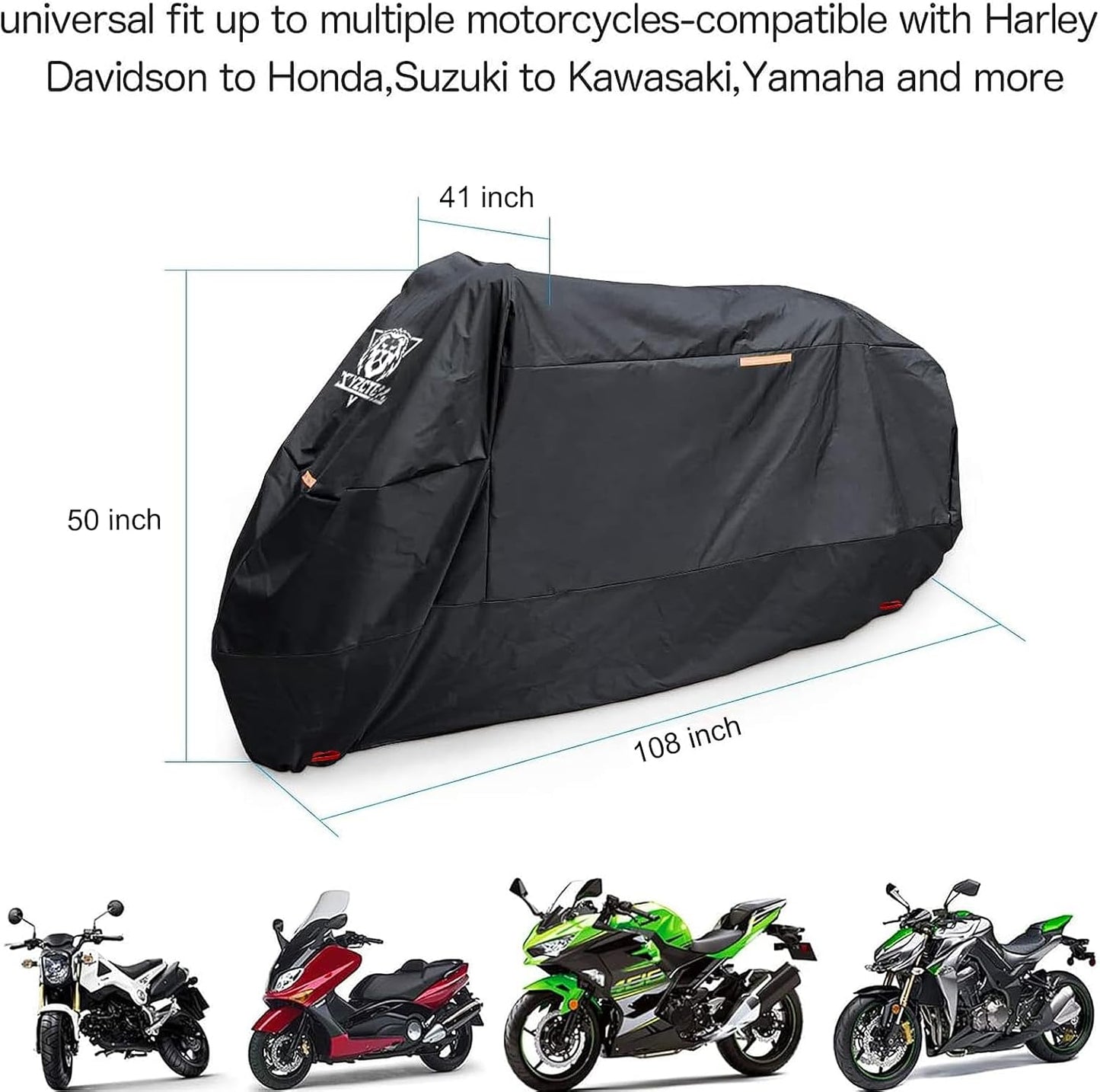XYZCTEM Black Motorcycle Cover -Waterproof Outdoor Storage Bag,Fits up to 108" Motors,Made of Heavy Duty Material, Compatible with Harley Davison and All Motors,Professional Windproof Strap