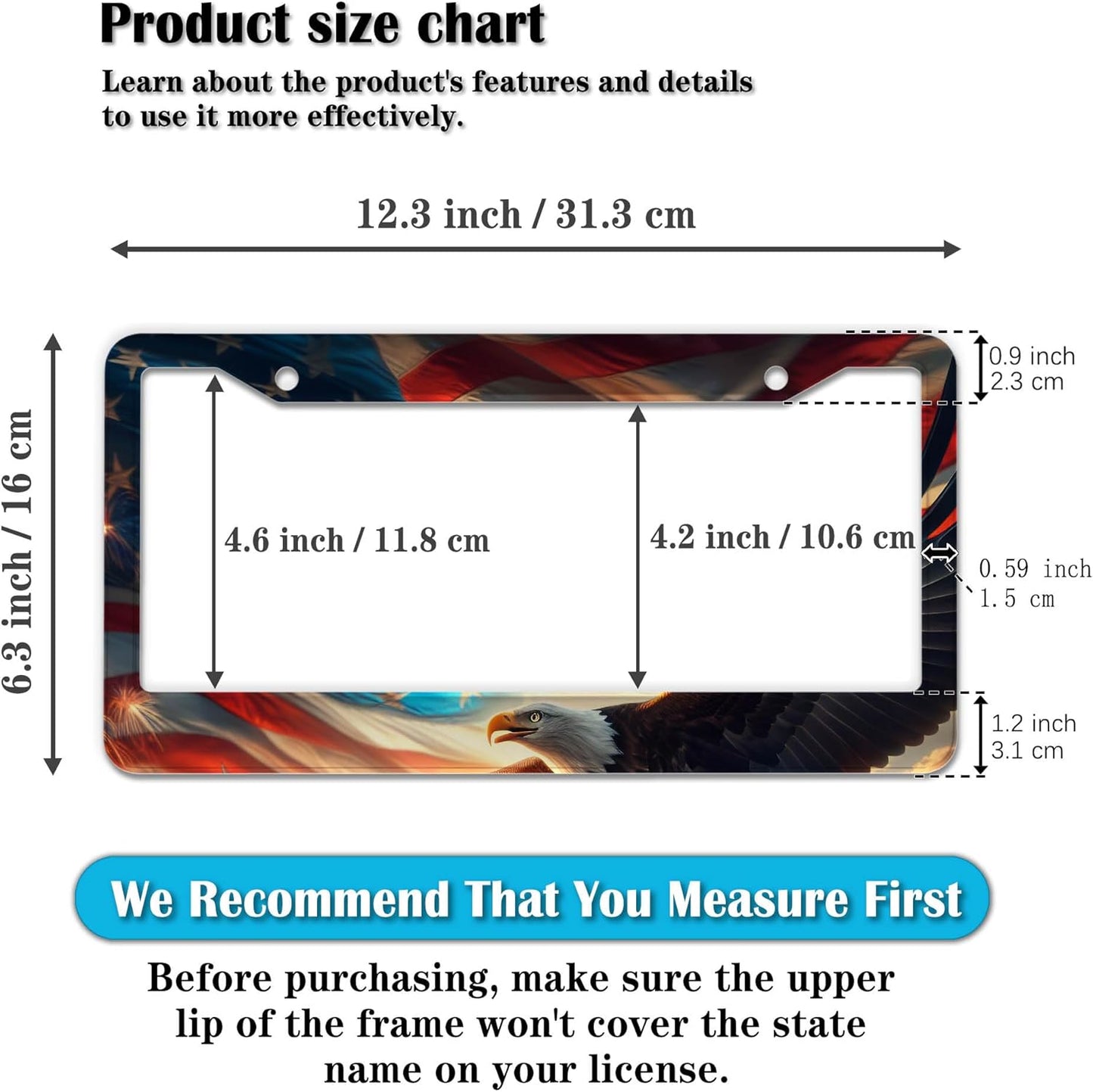 Automotive Exterior Accessories Multicolor License Plate Frames American Flag Eagle Aluminum Metal Car Accessory 2 Pack with Screw Covers Set