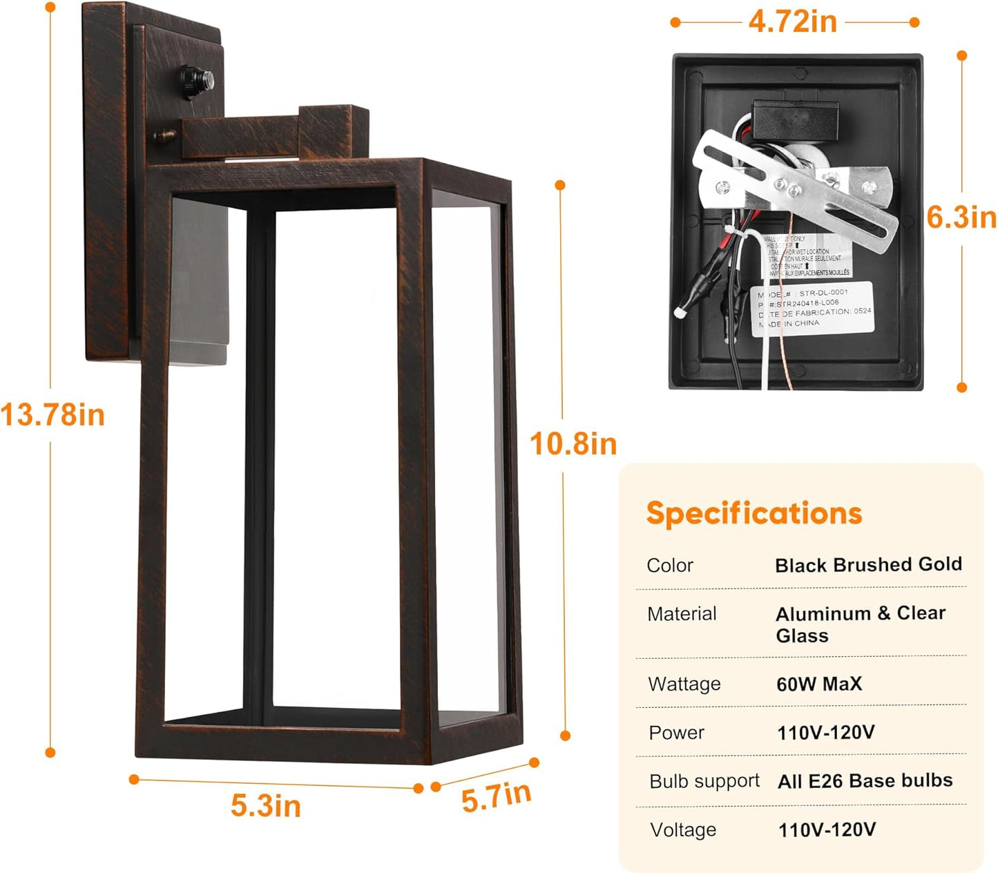 PARTPHONER Dusk to Dawn Porch Light Fixtures, Black Brushed Gold Exterior Lighting Lamp, Sensor Wall Lantern, Waterproof Outdoor Wall Sconce for House Doorway, Garage 2 Pack