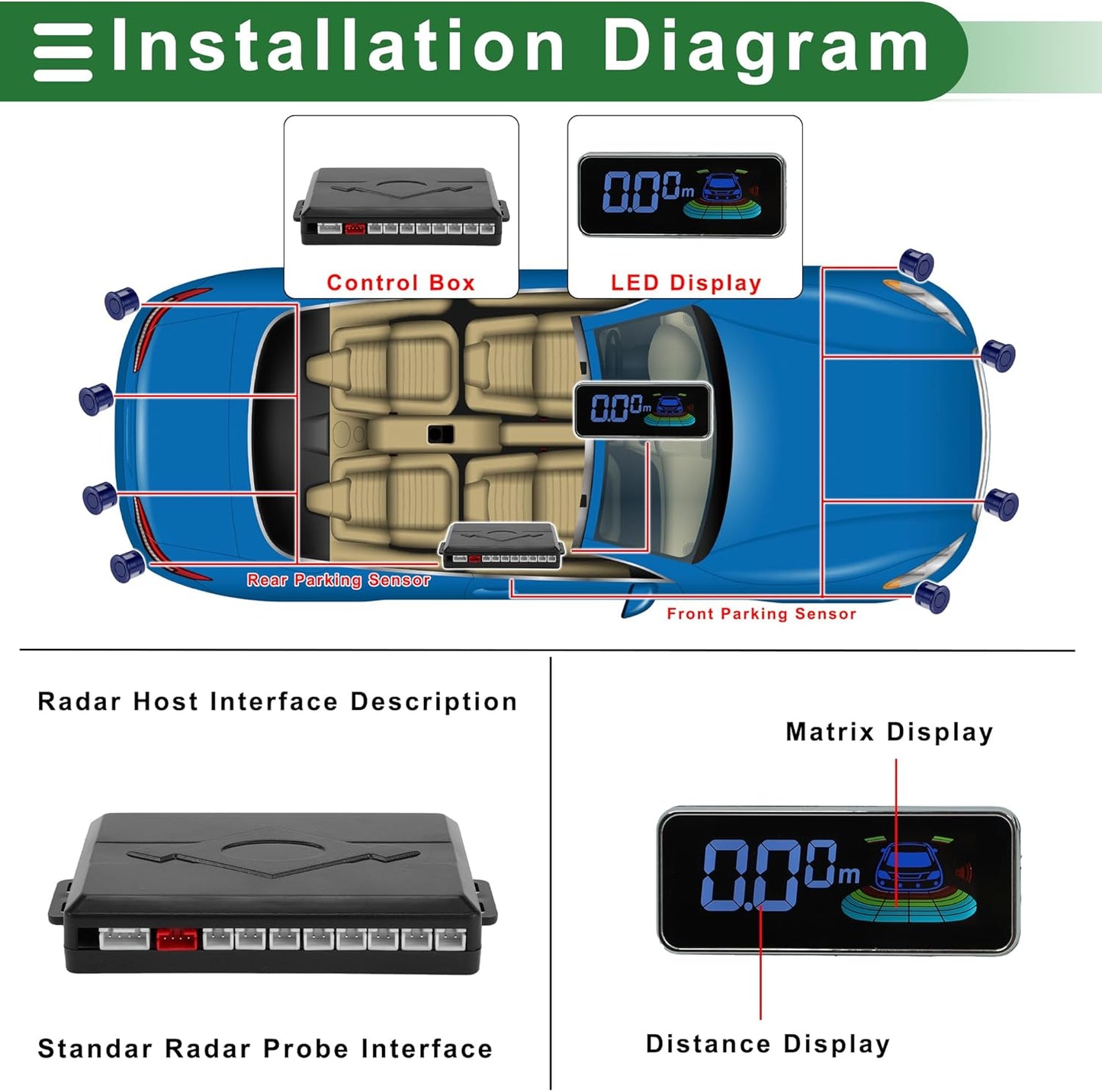 Motoforti Auto Vehicle Reverse Backup Radar System Reverse Parking Sensors Sound Warning Alarm Buzzer Reminder Distance Detection Dark Blue 8 Parking Sensors