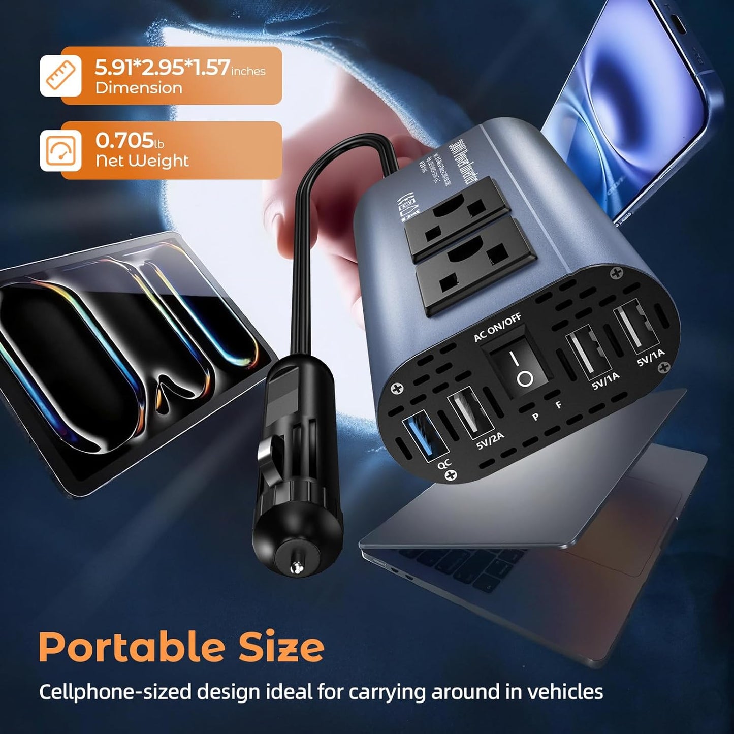 300W Car Power Inverter, DC 12V to 110V AC Car Plug Adapter Outlet with USB-Fast Charger(25W)、 USB-A（20W） and Dual AC Outlet, QC3.0, 4 USB Ports, Car Charger for Laptop、Phone, etc