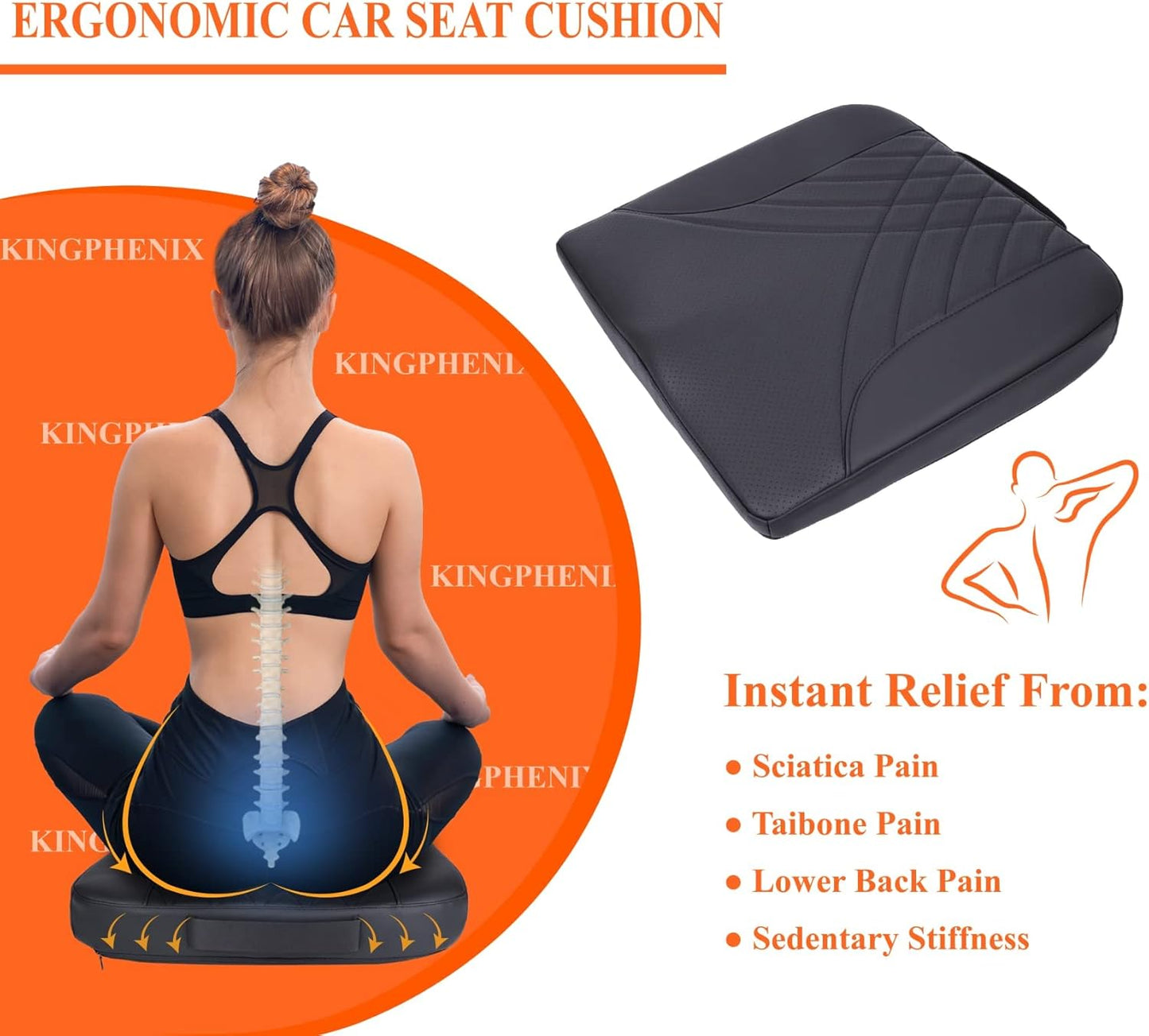 kingphenix Premium Car Seat Cushion, Memory Foam Driver Seat Cushion to Improve Driving View- Coccyx & Lower Back Pain Relief - Seat Cushion for Car, Truck, Office Chair (Black)