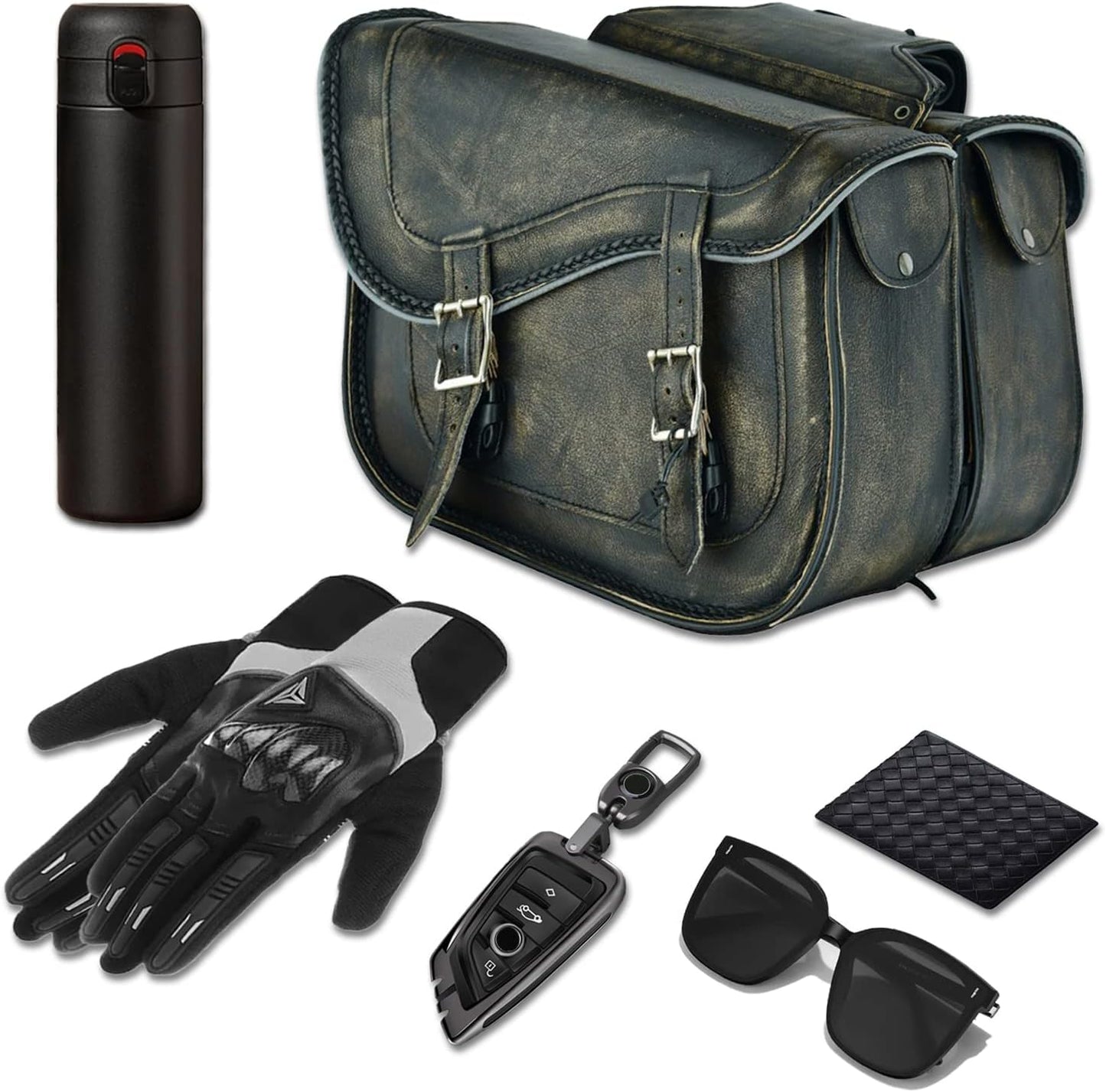 GARGOYLE BELLS Motorcycle Saddle Bags Genuine Leather Motorcycle Luggage Bag For Softails Sportsters and Choppers (No Stud, Distressed Brown, 13”x13“x10”)