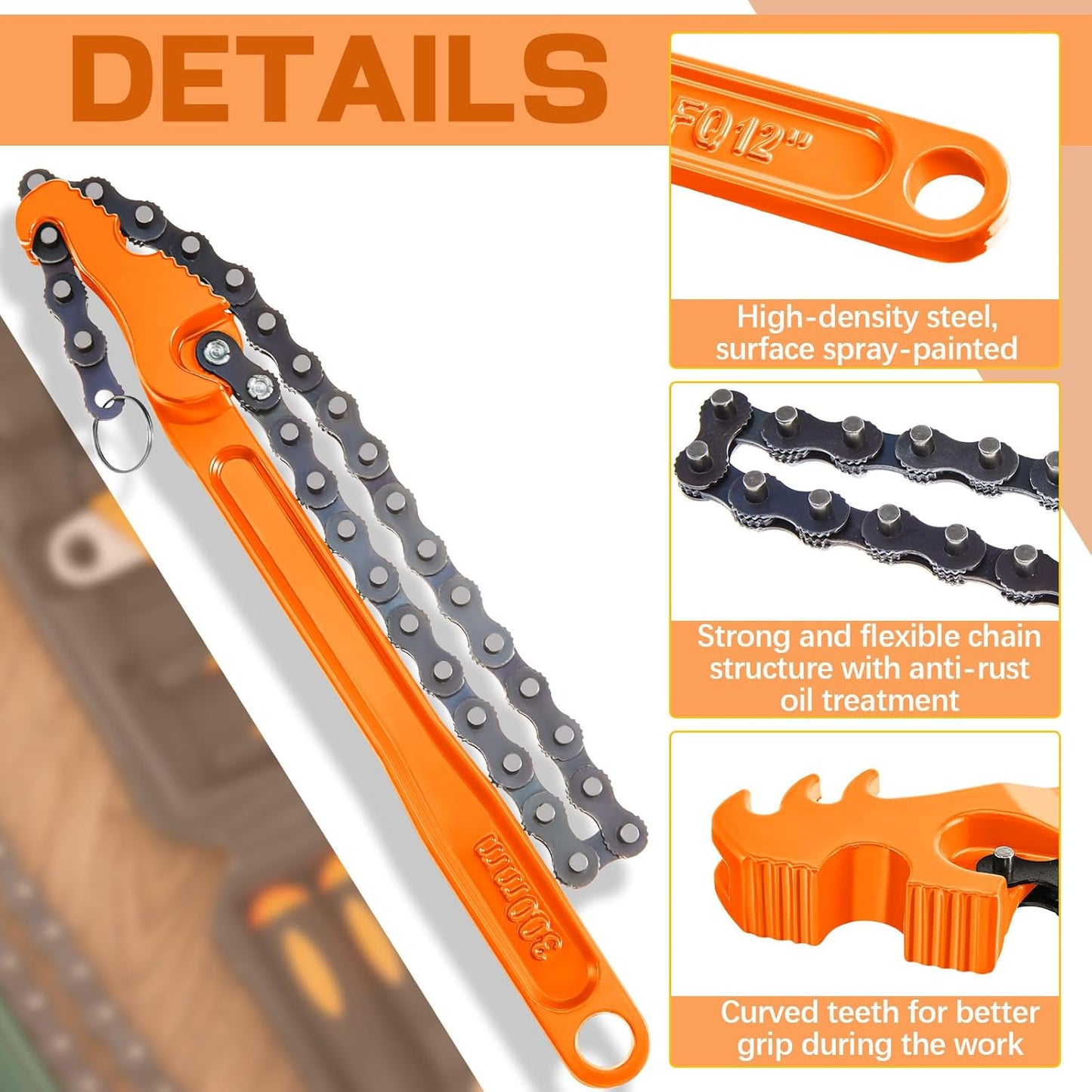 Lasnten 3 Pcs Large Reversible Chain Oil Filter Wrench with 12 16 9 Inch Chain Wrench Adjustable Heavy Duty Carbon Steel Sturdy Pipe Fitting Tool Spanner for Ratcheting Universal(Orange)