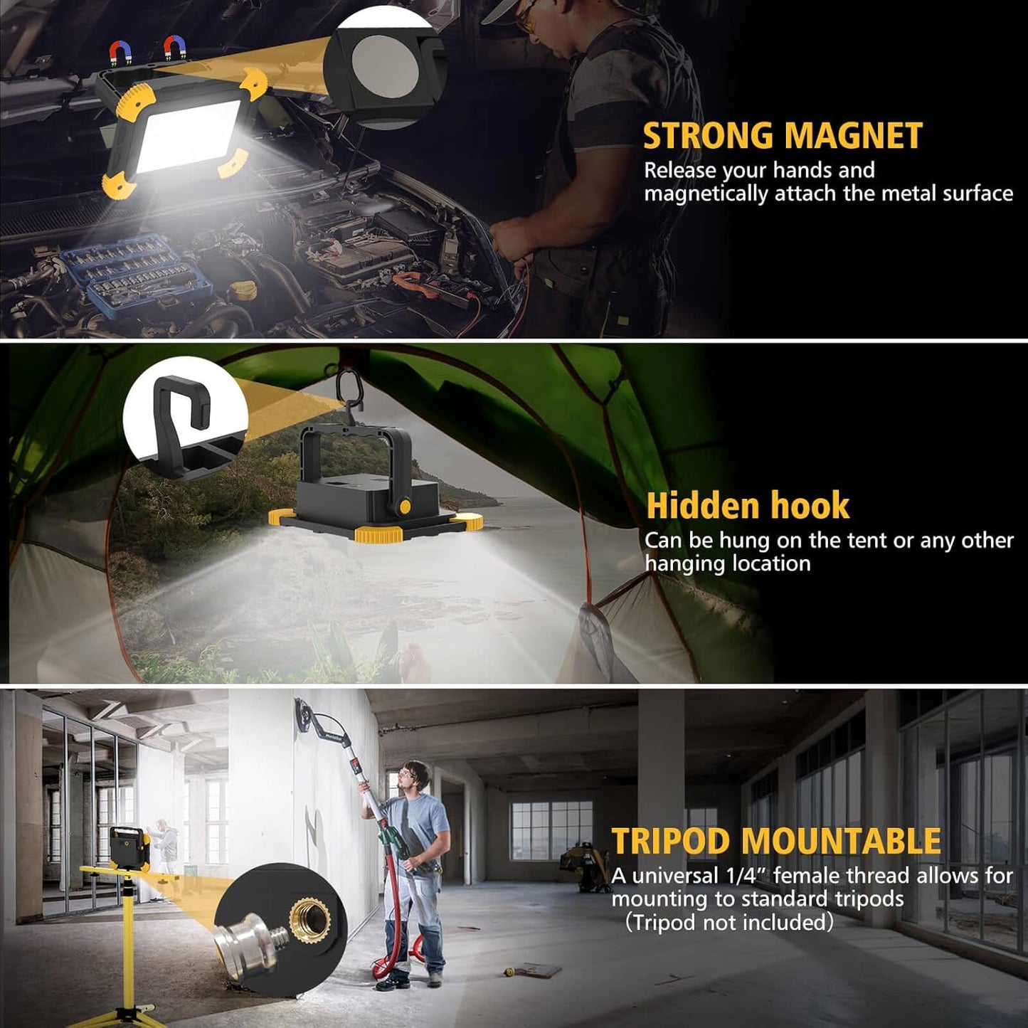 Rechargeable Magnetic Work Light, 40W Portable LED Flood Light Battery Powered, Waterproof Work Lights Cordless Job Site Lighting 180° Rotate for Outdoor Camping Garage Mechanics, Gifts for Men