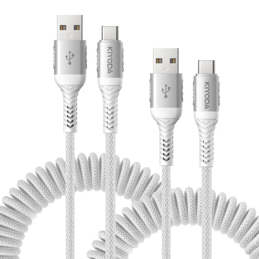 USB A to USB C Cable Fast Charging 66W, 2Pack 3FT Coiled Braided USBC Phone Charger Cables for Car, Short USB to USB Type C Cord for iPhone 16 15 Pro Max, Samsung Galaxy S24 S23 and More-Silver